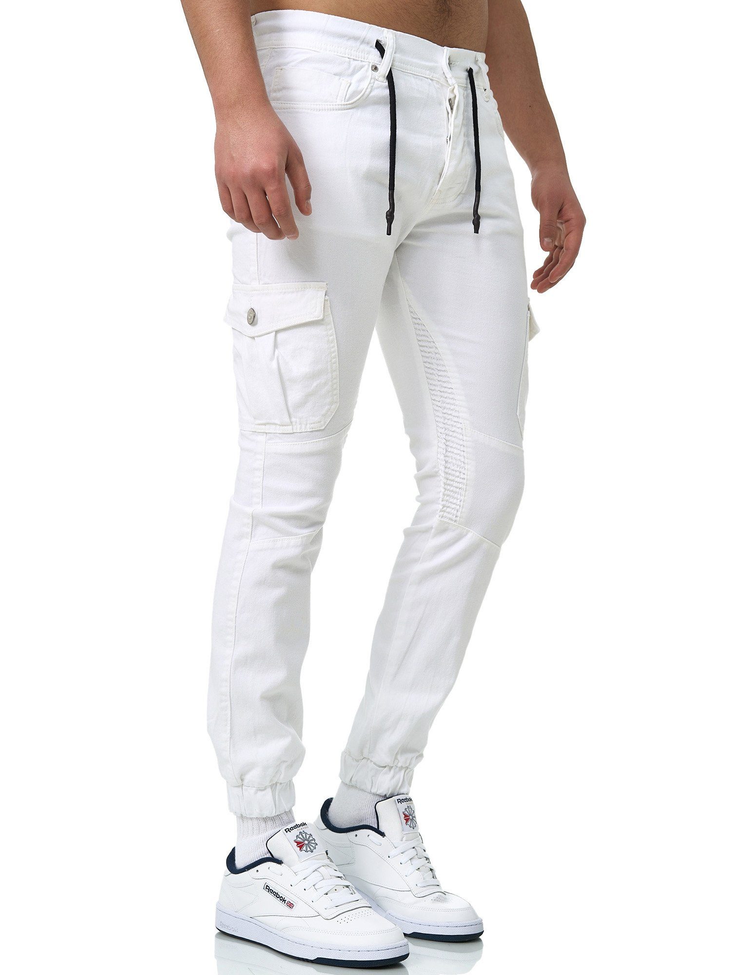 Herren Männer Freizeit 1-tlg) Fit John Casual Streetwear, Stoff Utility Kayna Jeans Cargojeans Herrenhose Hose Slim Cargohose Chino Weiß Business Cargo (Chino