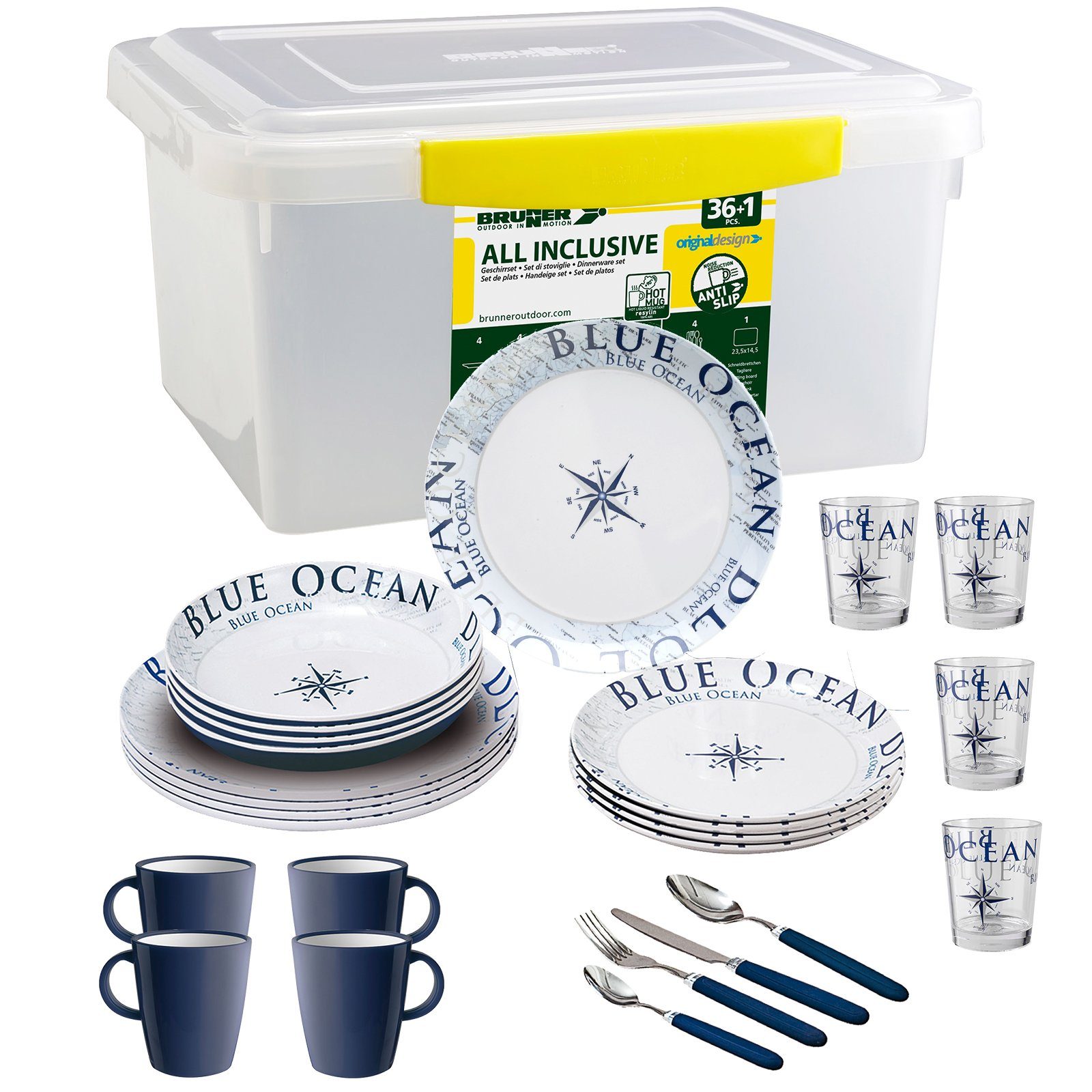 BRUNNER Geschirr-Set BRUNNER Melamin Campinggeschirr Set BLUE OCEAN (8, 12, 16, 36-Teile) (36-tlg)