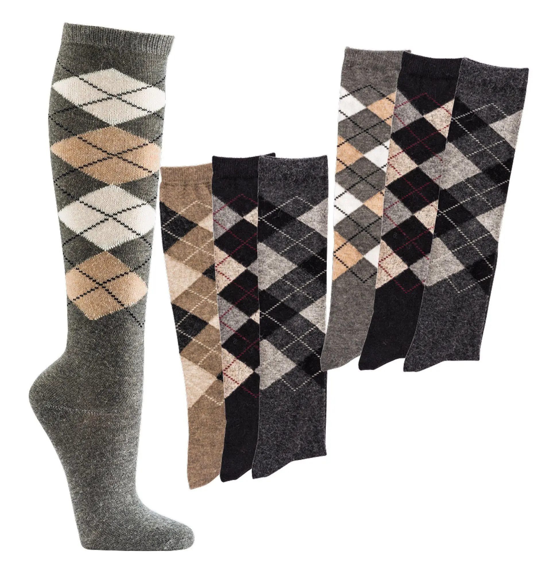 Socks 4 Fun Kniestrümpfe Alpaka Kniestrümpfe Karomuster (3-er Bündel, 3-Paar, 3 Paar) hochwertige Alpaka-Wolle
