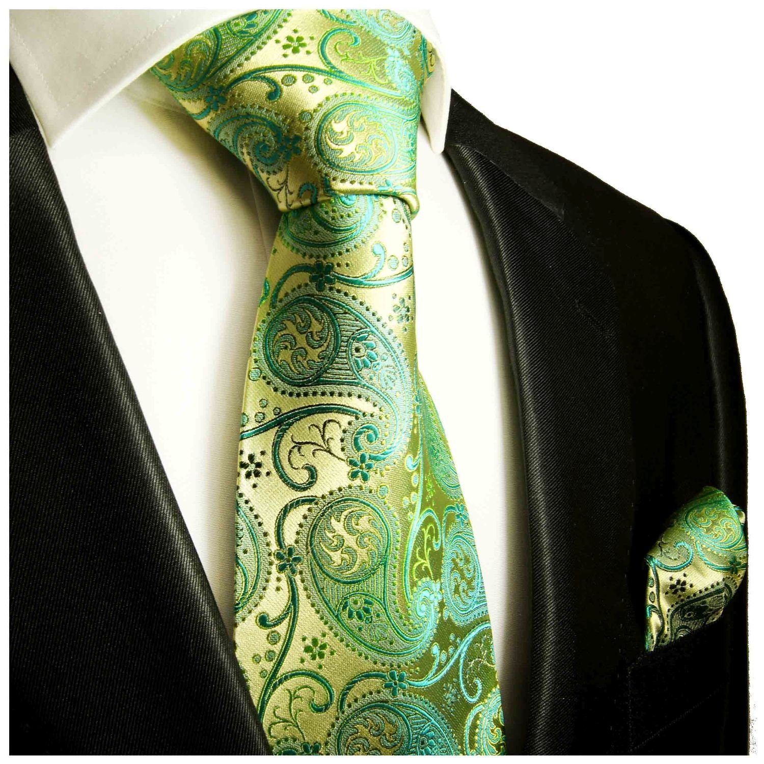 Krawatte gold brokat Seidenkrawatte paisley (Set, Breit Krawatte 817 Herren Seide Malone 100% Tuch und mit 2-St., (8cm), Paul Einstecktuch) grün