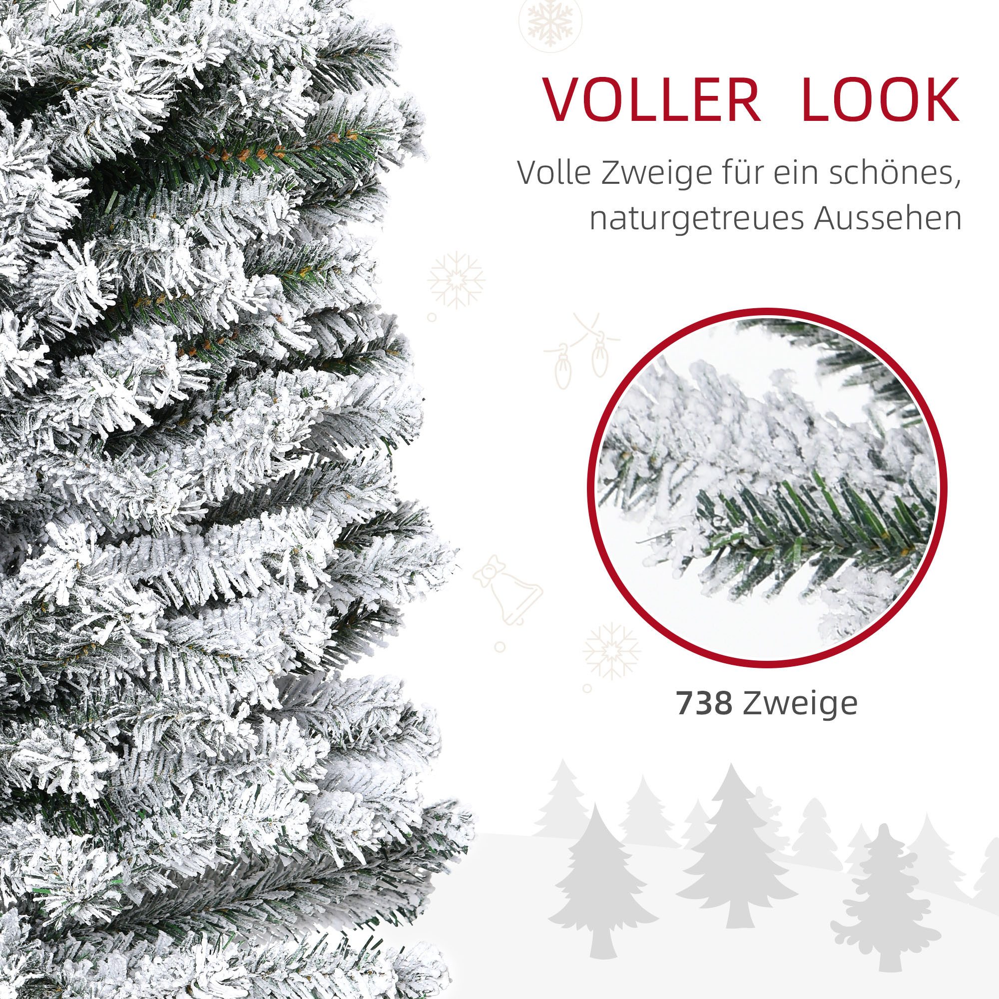 HOMCOM Künstlicher Weihnachtsbaum 180 cm Bleistift Kiefernbaum mit Schnee, 738 Spitzen, beflockt, Künstlicher Weihnachtsbaum, Weihnachtsdeko inkl. Metallständer für drinnen