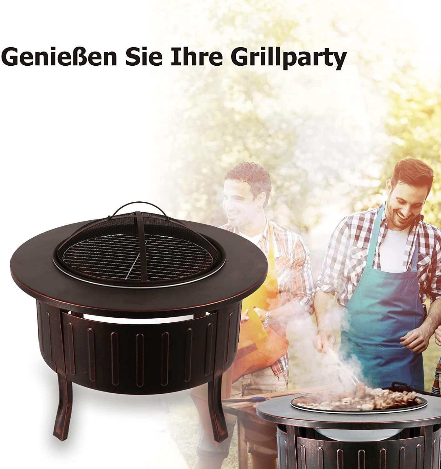 KAHOO Feuerschale Feuerstelle inkl. Grillzubehör, φ71cm, mit Funkenschutz & Zange