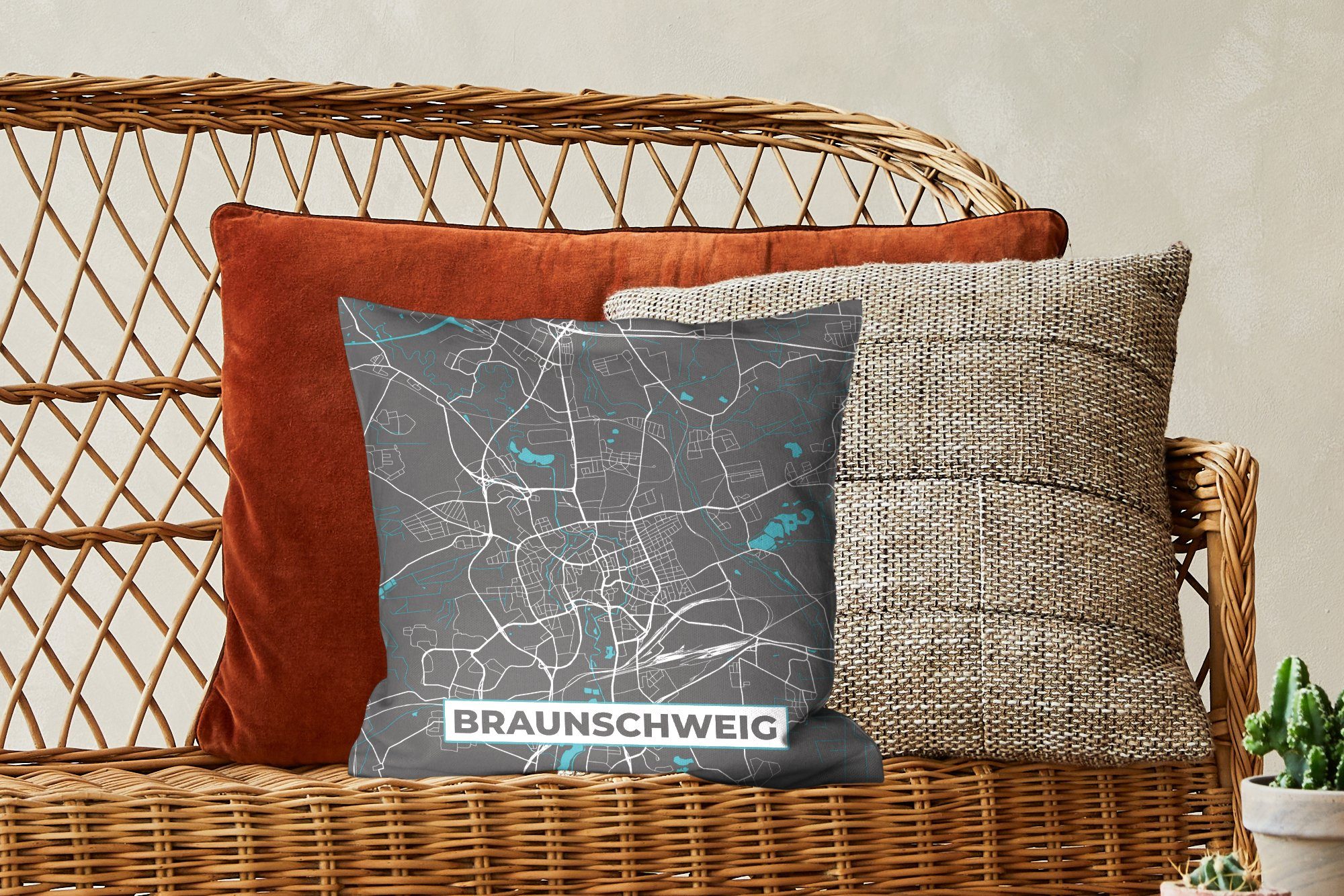 Dekokissen - Zierkissen Deko, Schlafzimmer, für Deutschland Füllung Karte, - Sofakissen - - Stadtplan mit MuchoWow Wohzimmer, Blau Braunschweig
