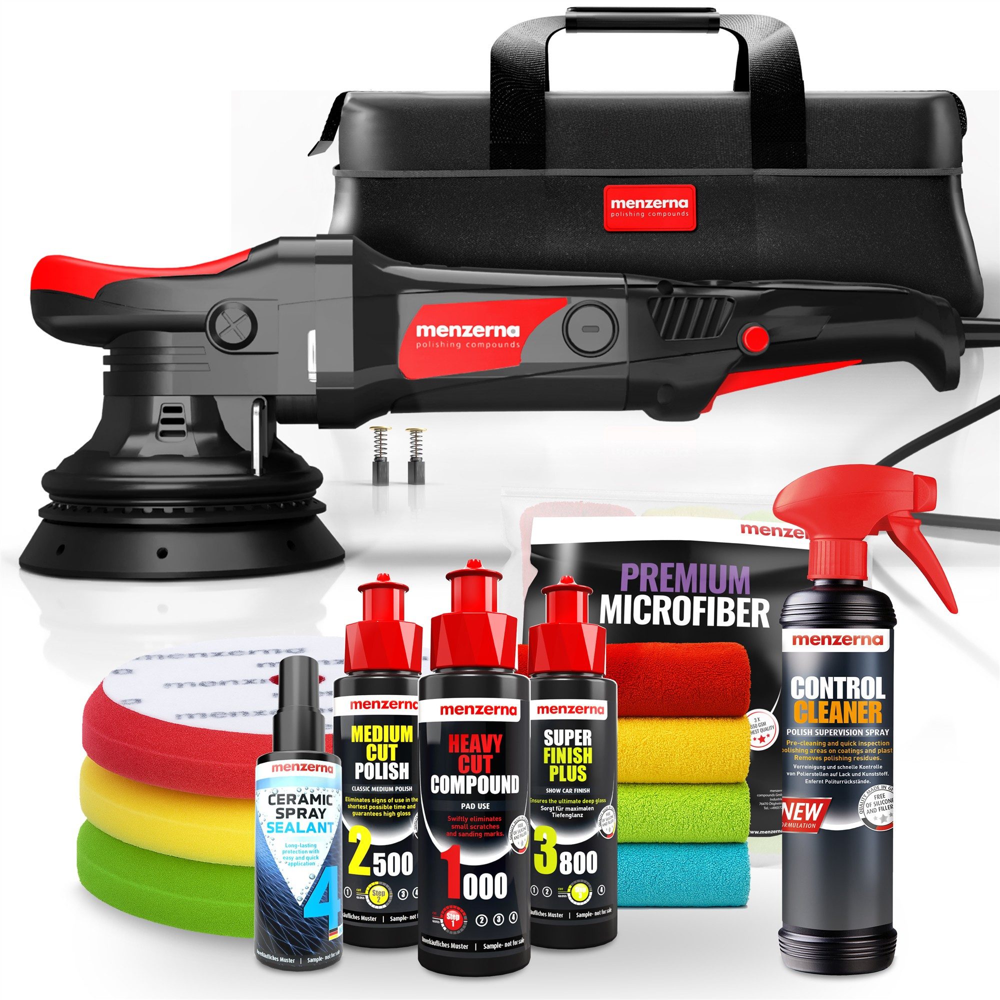menzerna Exzenter Poliermaschine Autopoliermaschinen Set MZ-XR Deluxe, Ø 125 mm, mit Heavy Cut, Medium Cut, Super Finish Plus Politur