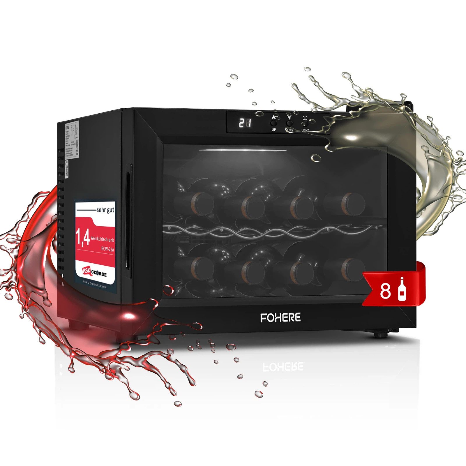 FOHERE Weinkühlschrank mit 22L Fassungsvolumen für 8 Flaschen Temperatur von 8°C bis 18°C,mit LCD und höhenverstellbare Füße