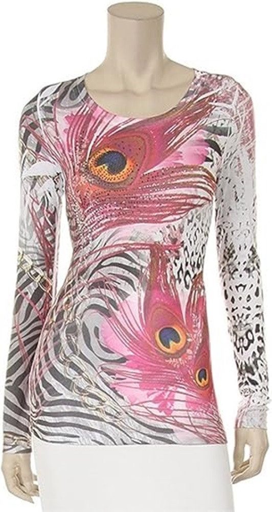 Koucla Langarmshirt animal print Shirt weiß pink mit Strass Strass Besatz