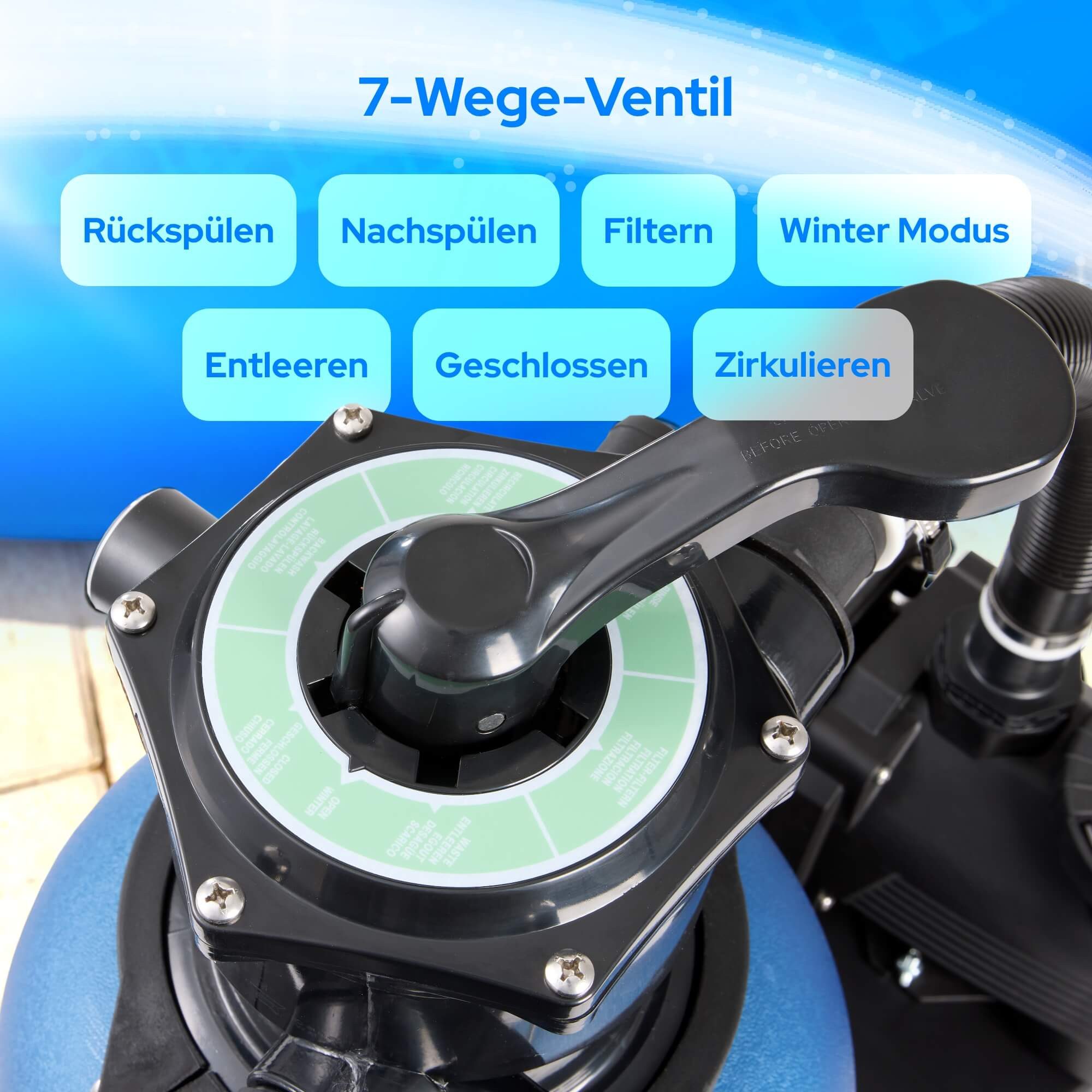 Arebos Sandfilteranlage mit Pumpe 350 W, 7-Wege-Ventil & 9500 l/h (max. 20 kg Sand), Geeignete Wassertemperatur: 10 - 35 °C