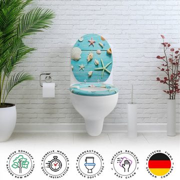 Sanfino WC-Sitz "Blue Star" Premium Toilettendeckel mit Absenkautomatik aus Holz, mit schönem Strand-Motiv, hohem Sitzkomfort, einfache Montage