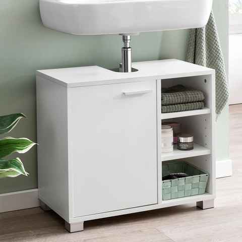 FINEBUY Waschbeckenunterschrank FB51390 (60x55x32cm Badschrank Weiß mit Tür, Unterschrank) Waschtischunterschrank mit Regal und Tür, Badmöbel