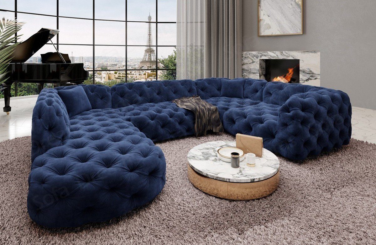 Sofa Dreams Wohnlandschaft Stoff Sofa Design Couch Lanzarote U Form Stoffsofa, Couch im Chesterfield Stil dunkelblau77