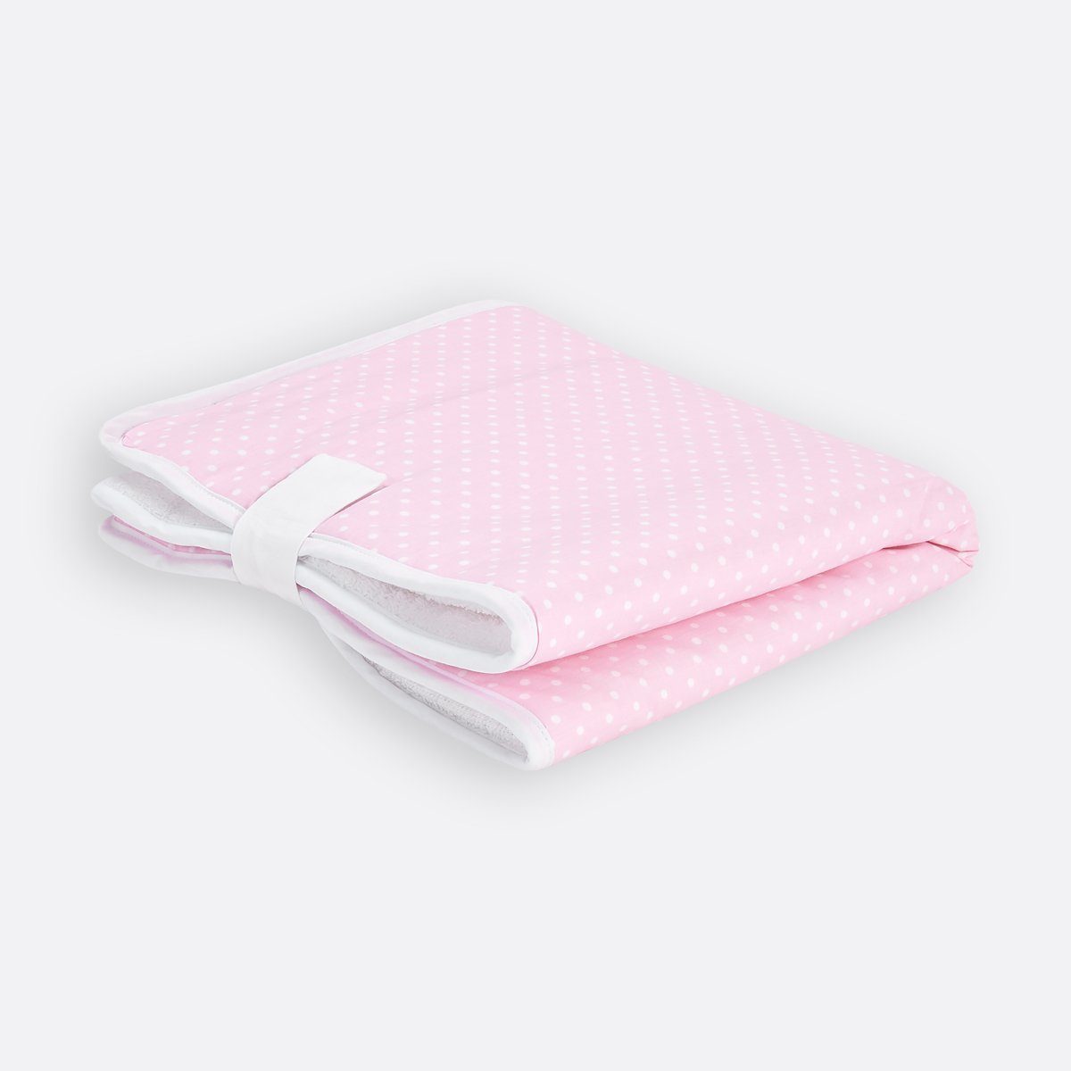 KraftKids Wickelauflage weiße Punkte auf Rosa, Reisewickelunterlage aus 3 Stoffsichten, 100% Baumwolle, Innen wasserundurchlässig, faltbar mit Klettverschluss | Wickelauflagen