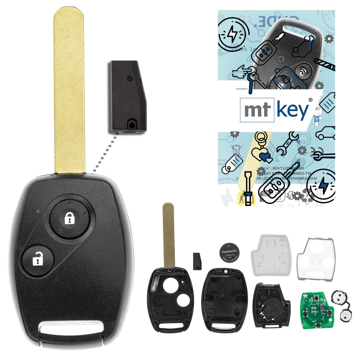 mt-key Schlüsseltasche Auto Funk 2 Tasten Schlüssel Fernbedienung ID46 HON66 (Set), für Honda Accord (VIII, 08–11)