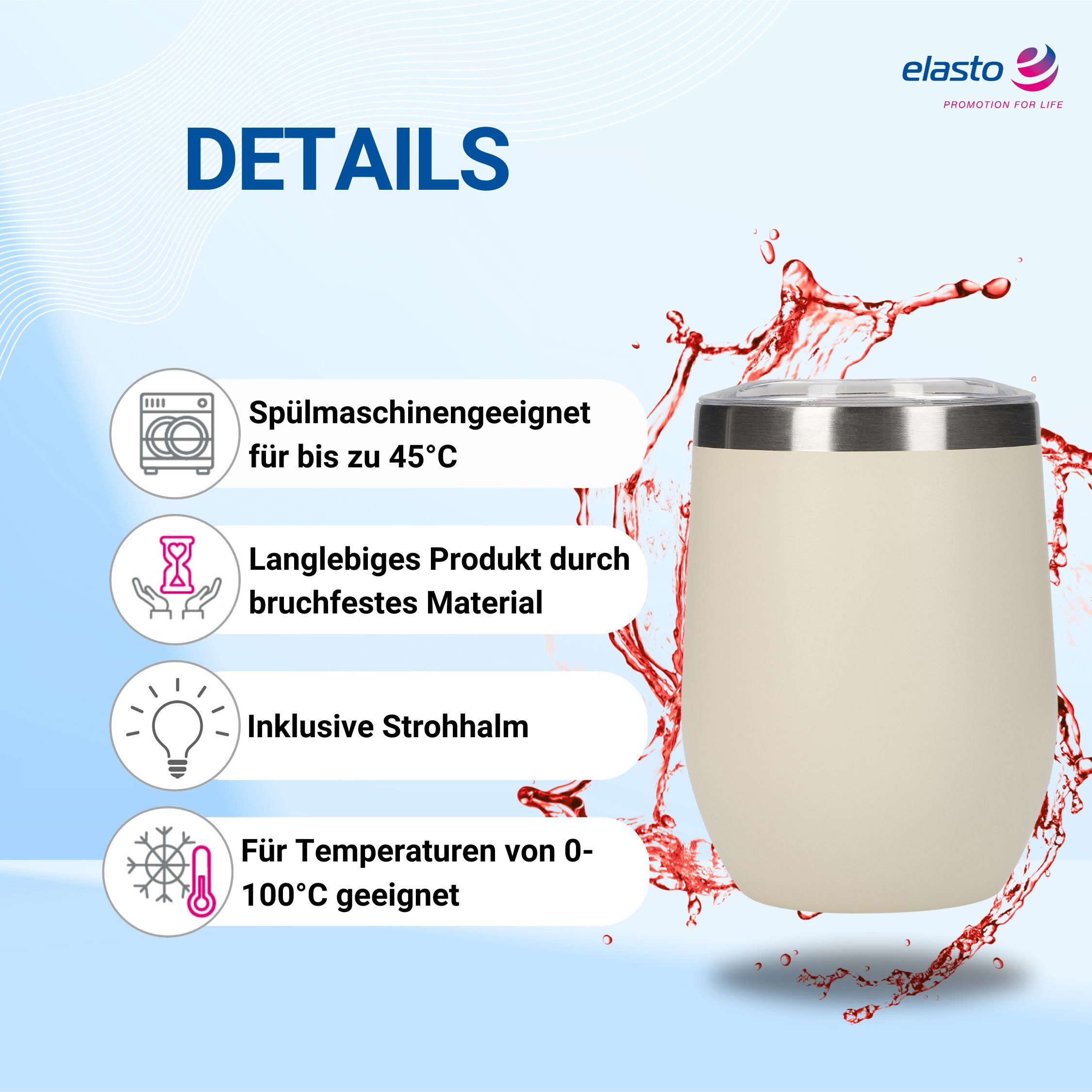 elasto Becher Weinbecher 350 ml Vinova Edelstahl Trinkbecher inkl. Strohhalm, robust, spülmaschinengeeignet, Sommer, Geschenk