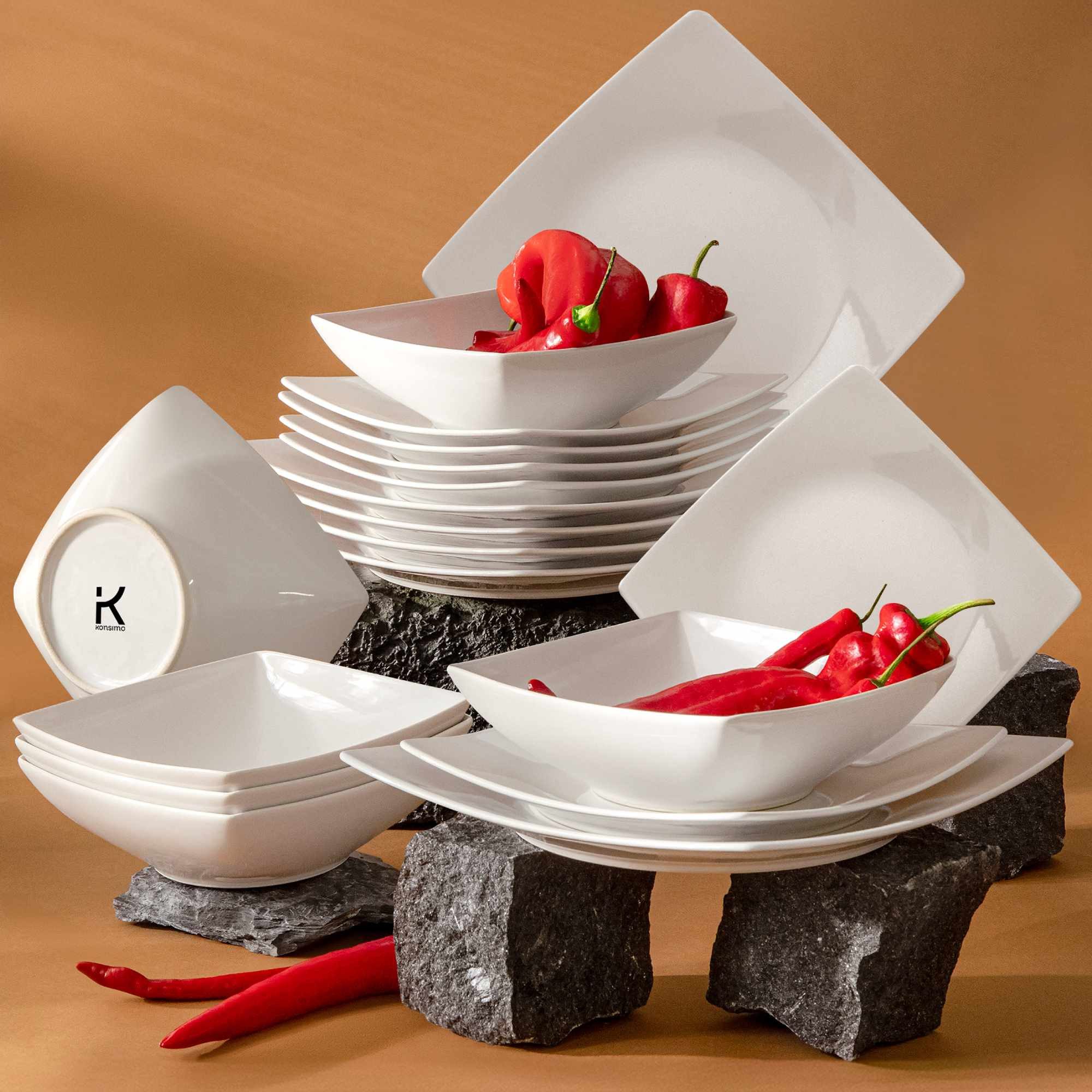 KONSIMO® Tafelservice EPIRI Geschirrset Speiseteller Suppenteller Dessertteller 6 Personen (18-tlg), Keramik, quadratisch, Spulmachinen- und Mikrowellengeeignet