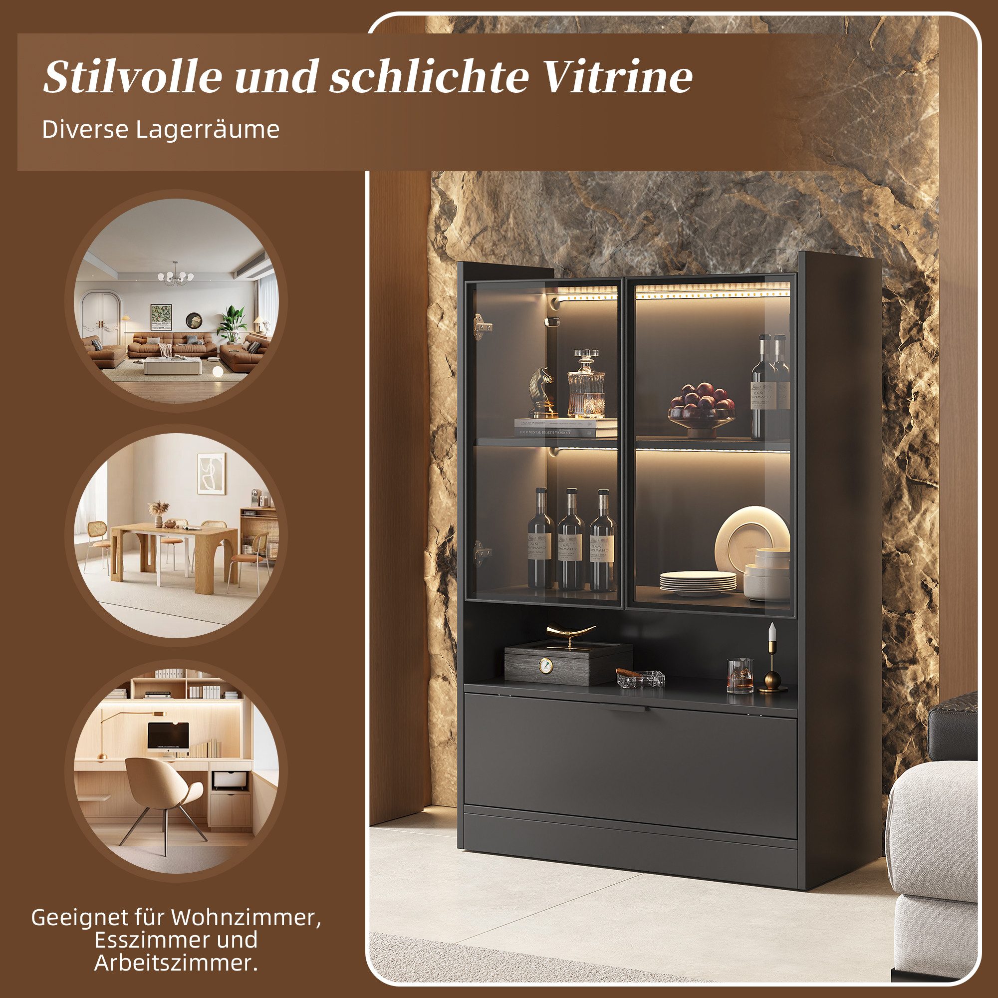 Merax Standvitrine Matt Glasvitrine mit LED-Beleuchtung und Stauraum (1-St., Standregal Schrank Vitrine) Wohnzimmerschrank mit Glastüren und Klapptür, H:120cm – Bild 5 von 5