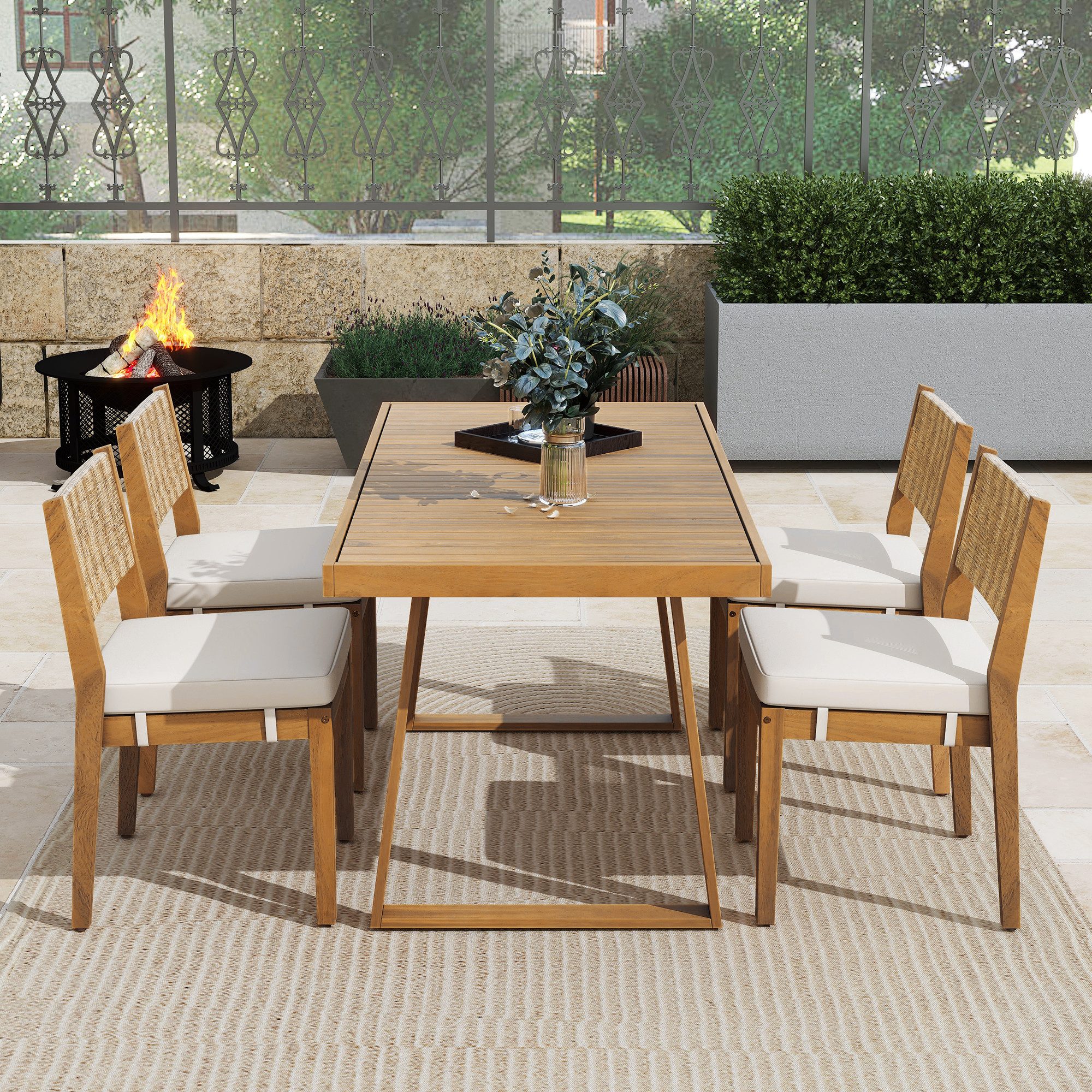 Ulife Gartenlounge-Set Gartenmöbel-Set, 5-teiliges Esstischset für 4 Personen, (5-tlg), Rückenlehne aus PE-Rattan, Tischplatte und Stühle aus Akazienholz
