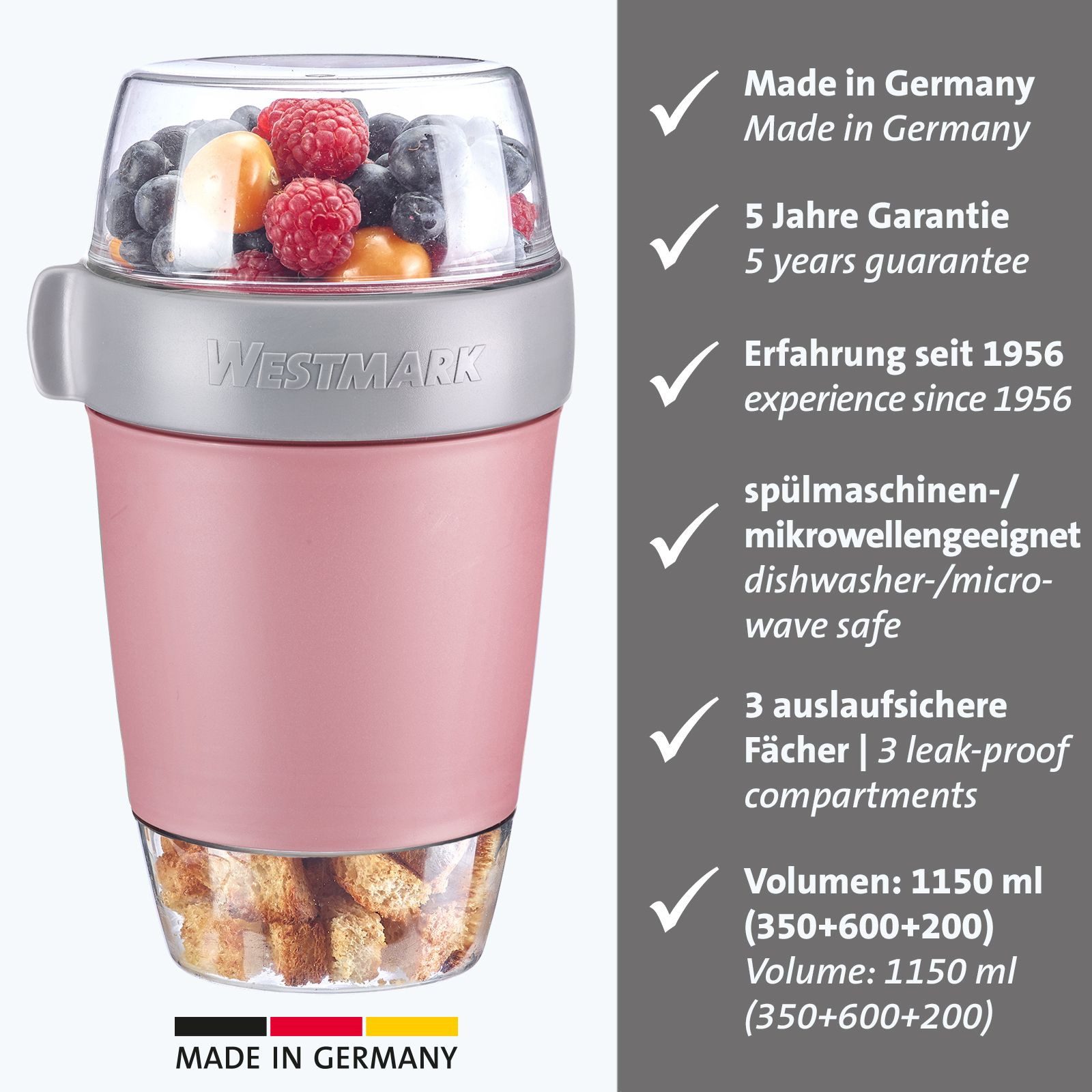 WESTMARK Mehrwegbecher, Kunststoff, (1-tlg), Müsli-, Lunchbehälter, To Go, 200 + 600 + 350 ml, Made in Germany