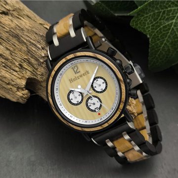Holzwerk Chronograph DETMOLD Herren Holz Armband Uhr mit Datum, schwarz, beige, silber