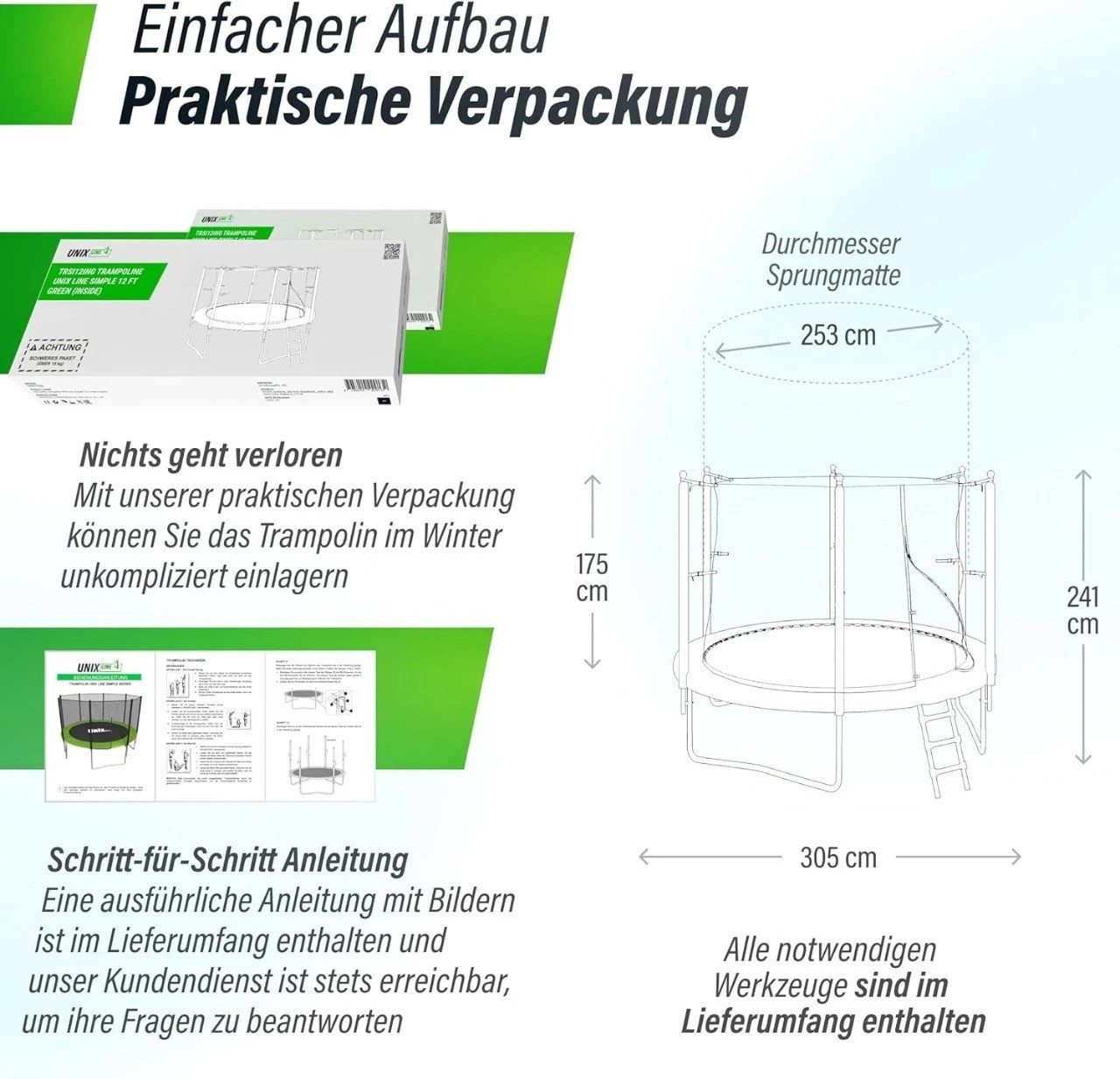 UNIXFIT Gartentrampolin Unix Line Outdoor Trampolin 244/305/366, Ø 305 cm, mit Leiter und Innensicherheitsnetz