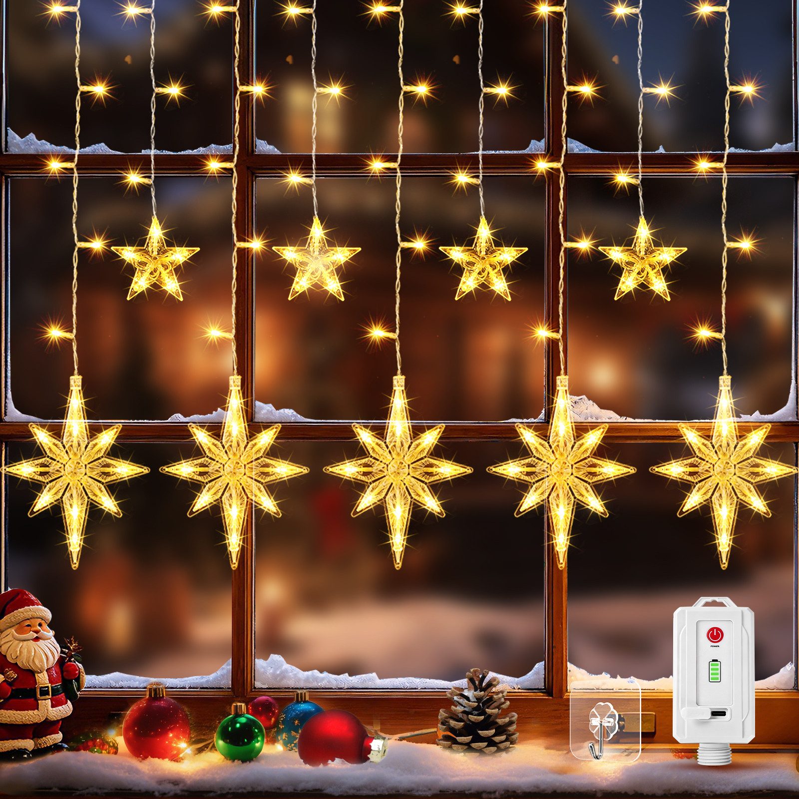Quntis Lichterkette Lichterkette Weihnachtsdeko Fenster Warmweiß/Bunt, Timer 8 Modi, 1,6M 116LEDs Fensterbilder für Innen/Außen/Fenster Weihanchten Deko
