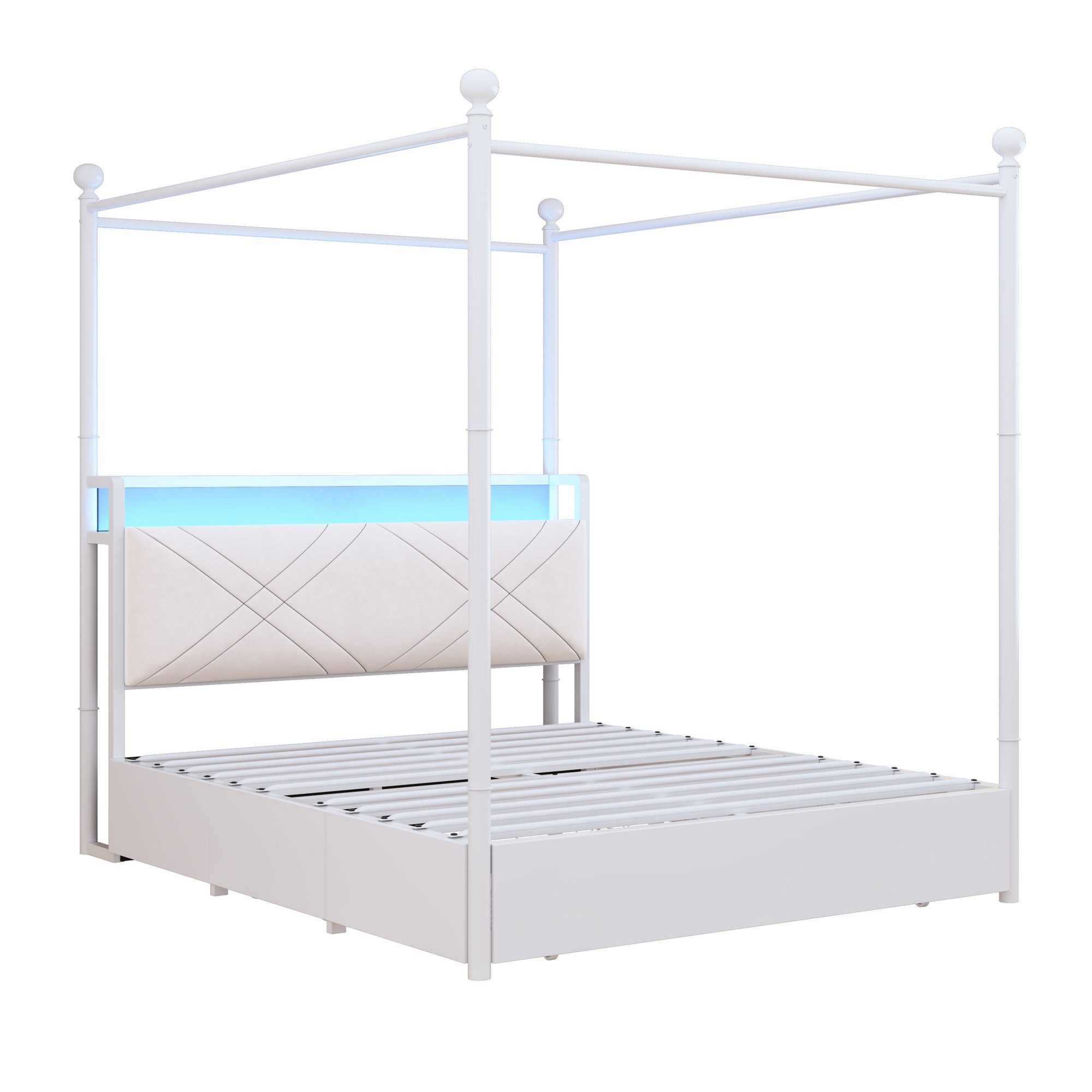 BlingBin Himmelbett Metallbett mit Baldachin, 3 Schubladen, LED und USB/Type-C, Weiß (Funktionsbett, 1-tlg., 140x190 cm), Doppelbett mit Stauraum, mit abnehmbaren Bettpfosten