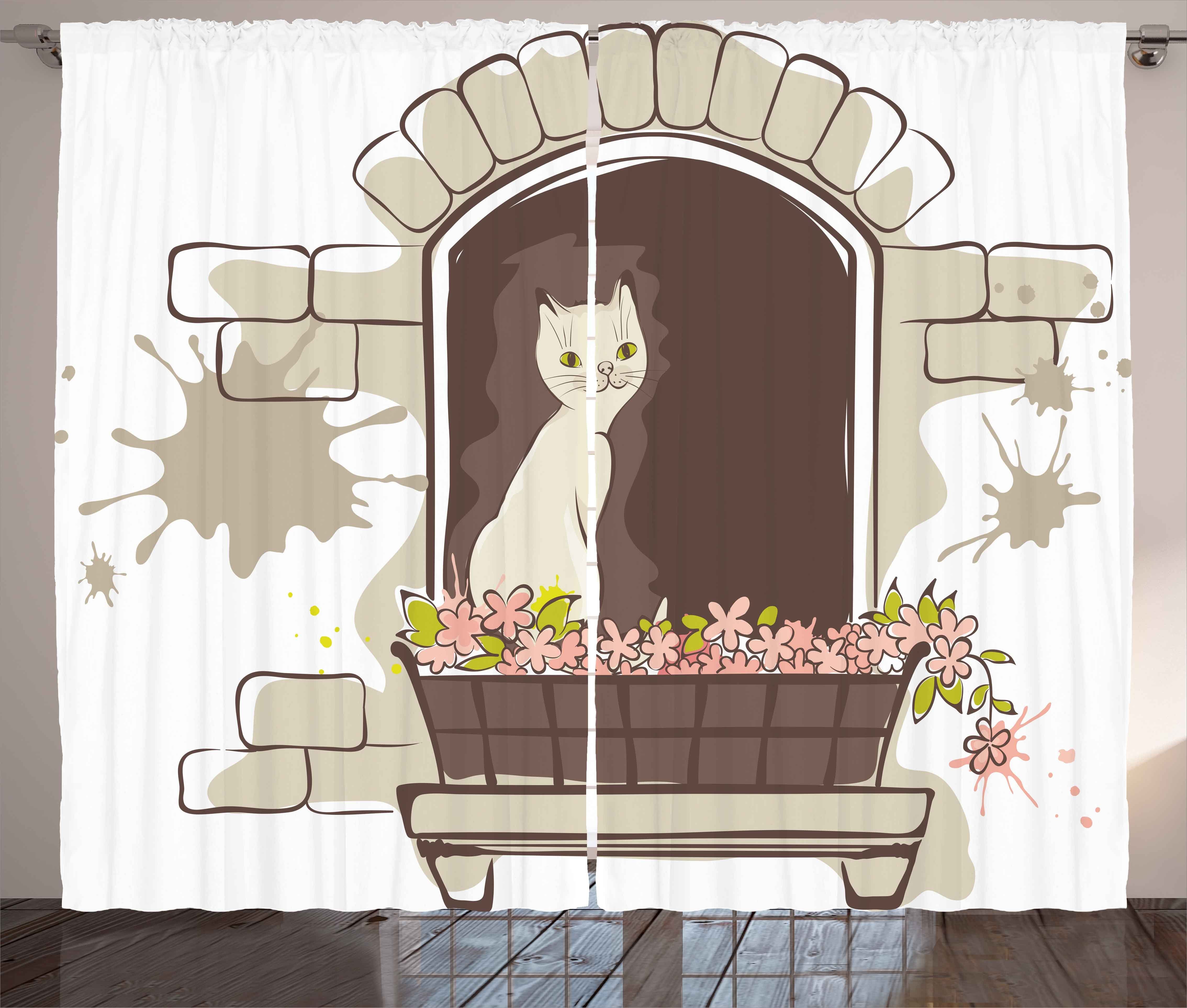 Gardine Schlafzimmer Kräuselband Vorhang mit Schlaufen und Haken, Abakuhaus, Umber Cartoon Haustier-Katzen-Tier