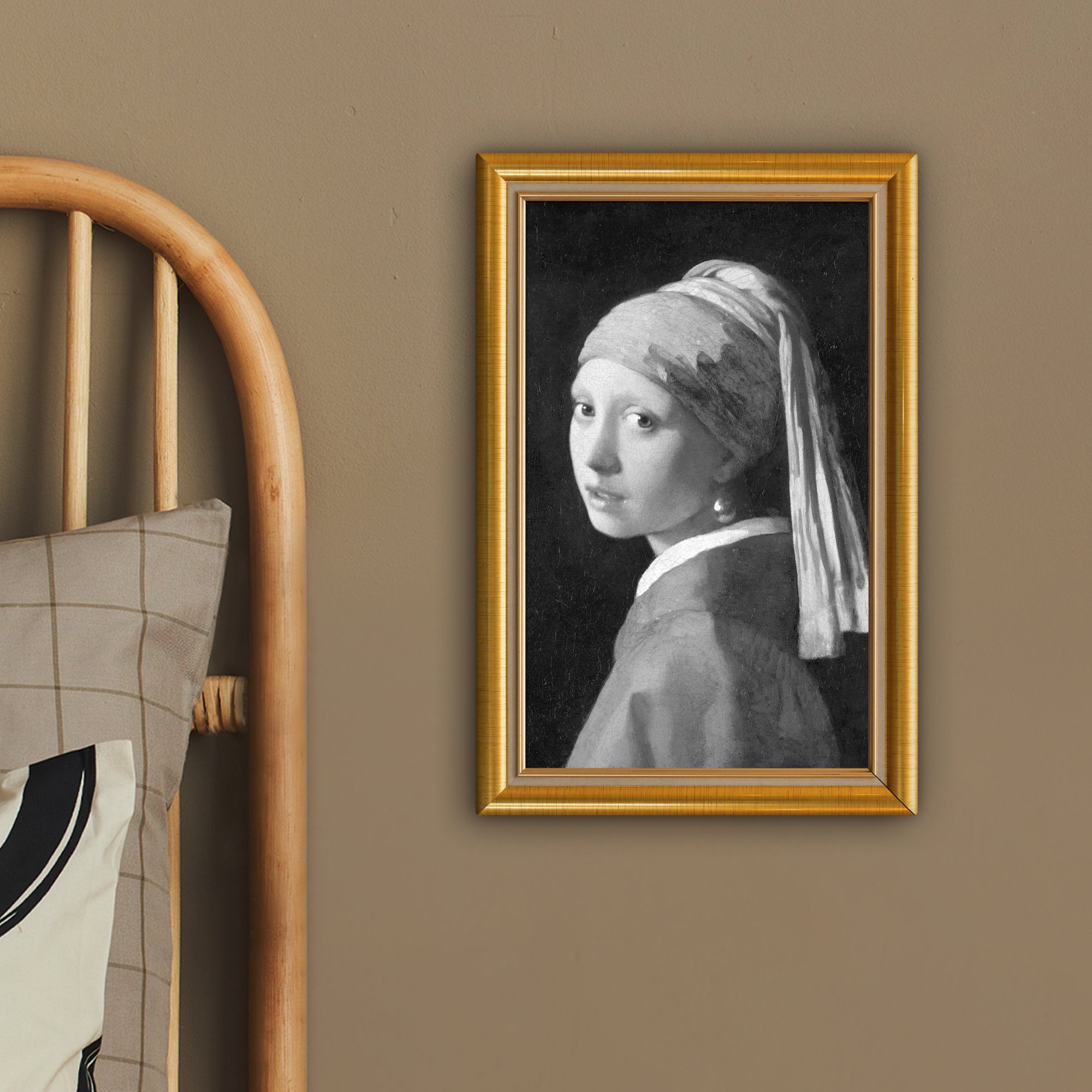 Gold, Zackenaufhänger, cm fertig Perlenohrring Mädchen Leinwandbild - Gemälde, - Vermeer - inkl. Leinwandbild mit Liste 20x30 St), OneMillionCanvasses® einem (1 bespannt