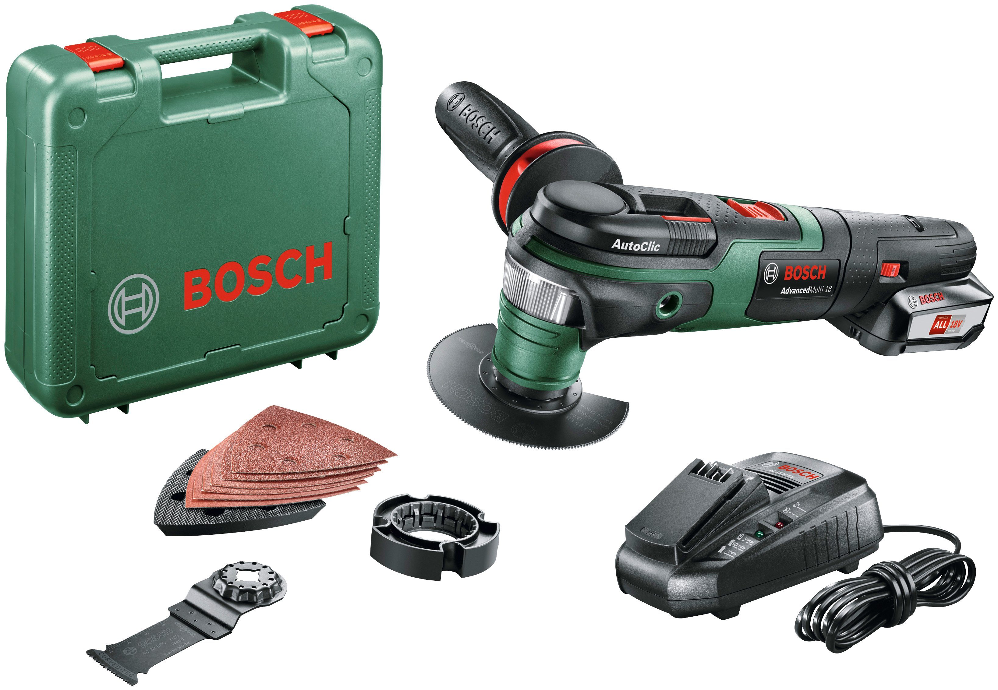 unüberwindlich Bosch Home & Garden V, 18V/2,5 Ah Ladegerät 18, Zubehörset, Set, mit Akku und 18 Akku-Multifunktionswerkzeug AdvancedMulti