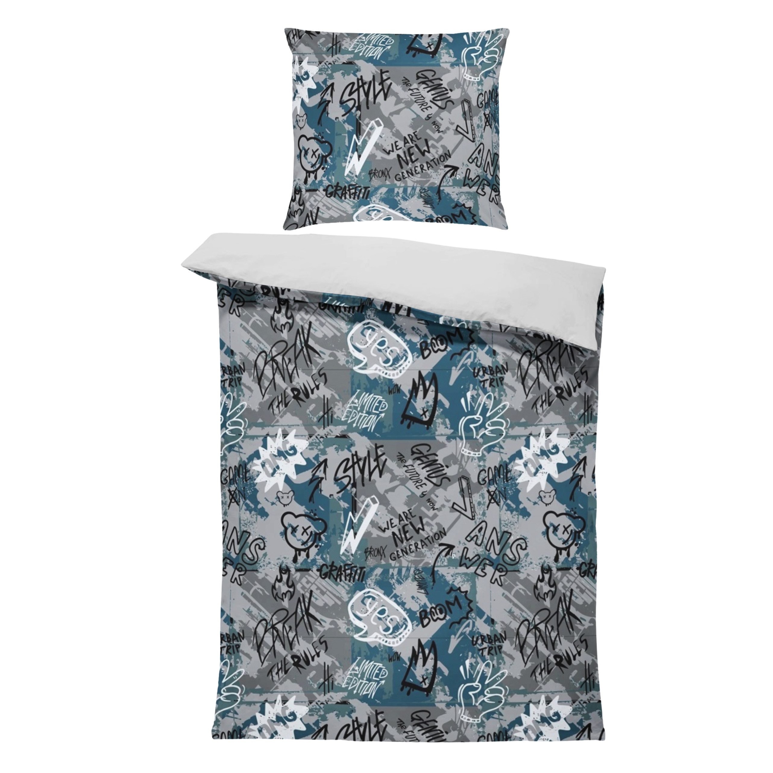 MTOnlinehandel Bettwäsche Graffiti 135x200 + 80x80 cm, Baumwolle Renforcé, Urban Style, 100% Baumwolle, 2 teilig, Street Art- Design in Grau-Blau – weich und pflegeleicht