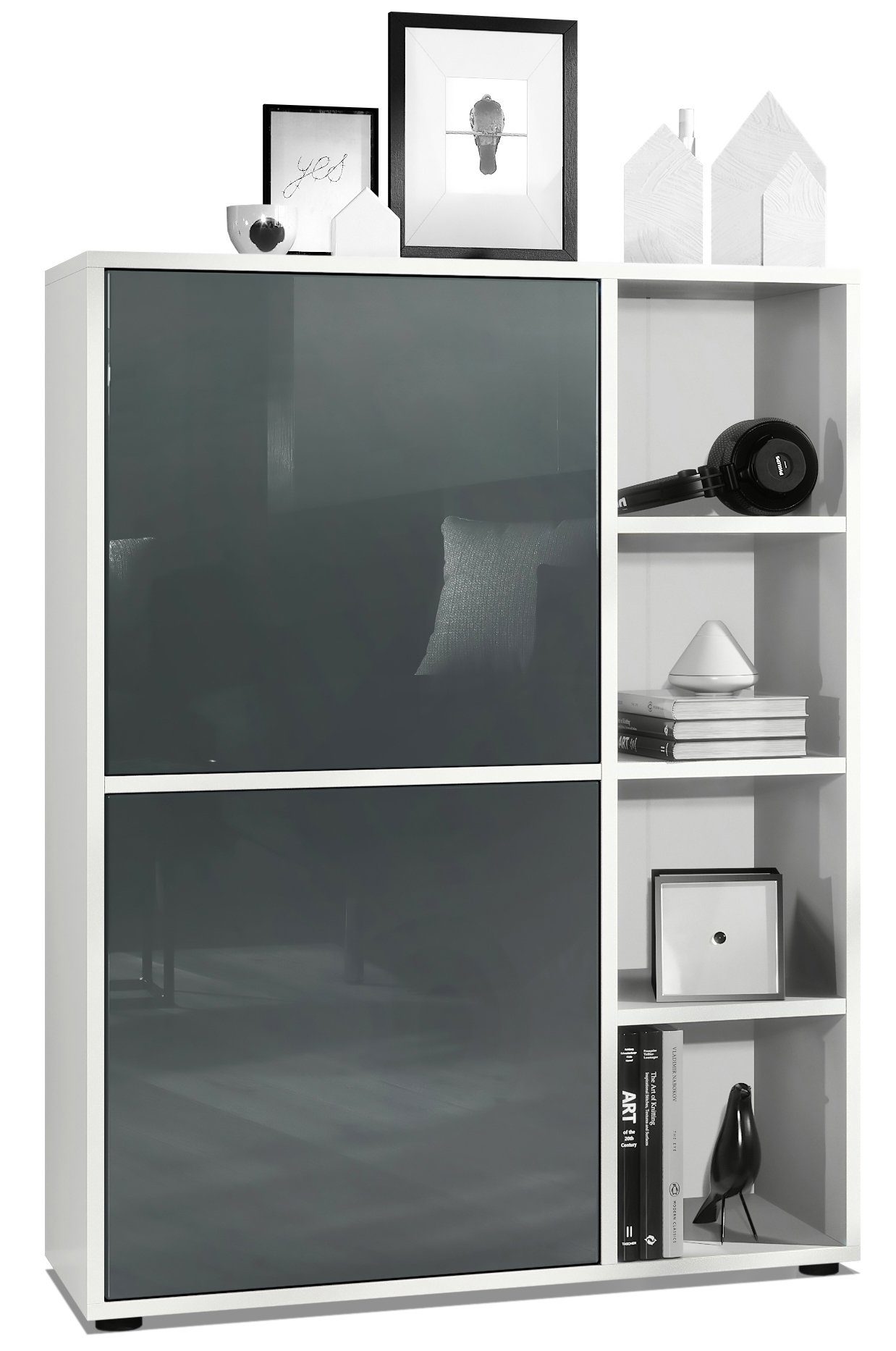 Vladon Highboard Cuba (Anrichte, mit 2 Türen und 4 offene Fächer), Weiß matt/Grau Hochglanz (79 x 105,5 x 35,5 cm)