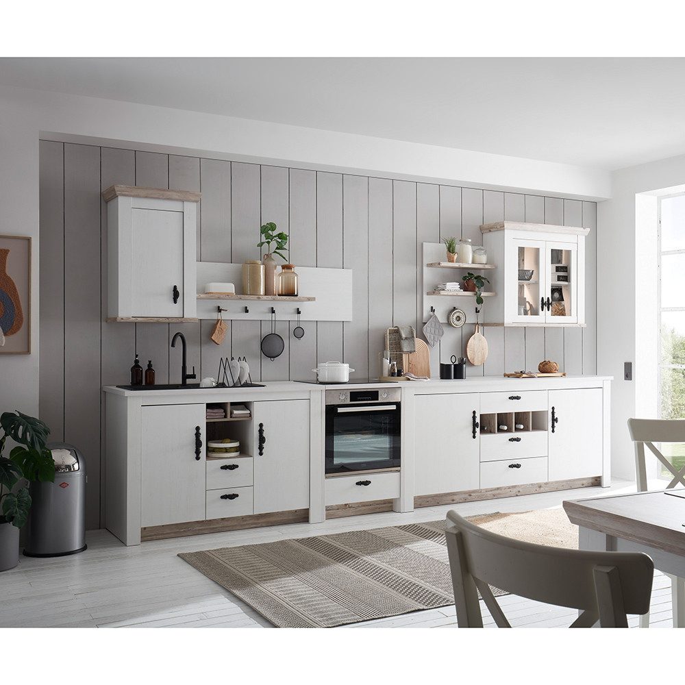 Lomadox Küchenzeile FERNA-61, 7-teilig, Pinie weiß mit Pinie dunkel, Softclose-Funktion, Landhaus