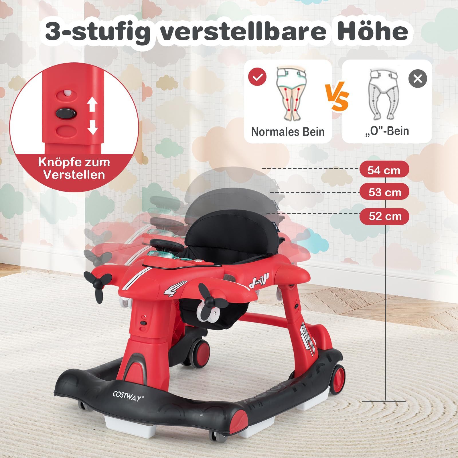 COSTWAY Lauflernhilfe, 6 in 1 mit abnehmbarer Spieluhr, Licht, ab 6 Monaten