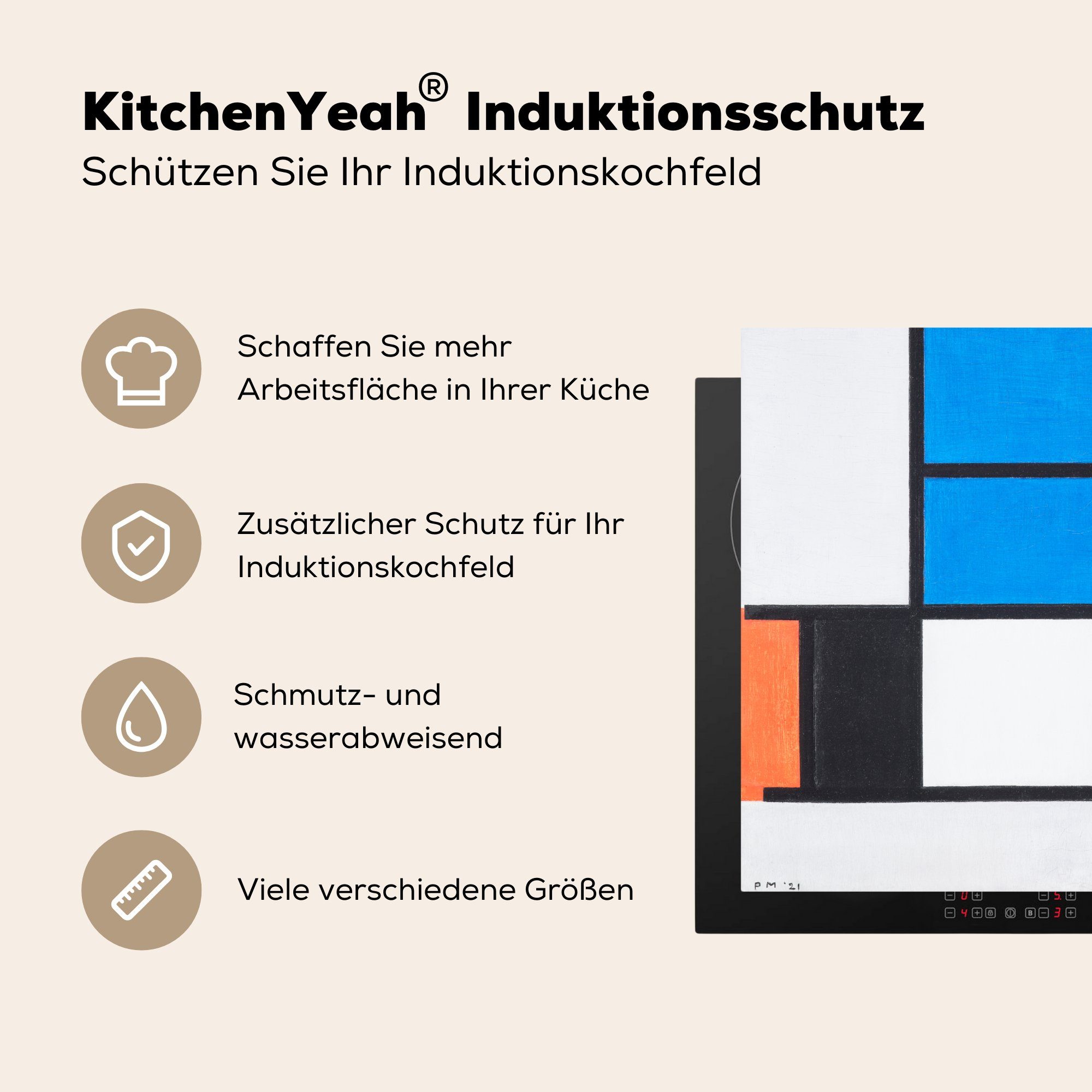 Blau, Grau MuchoWow Mondrian, Gelb cm, mit Ceranfeldabdeckung, - Piet Rot, tlg), und Komposition Vinyl, für Herdblende-/Abdeckplatte Arbeitsplatte küche 78x78 (1 Schwarz,