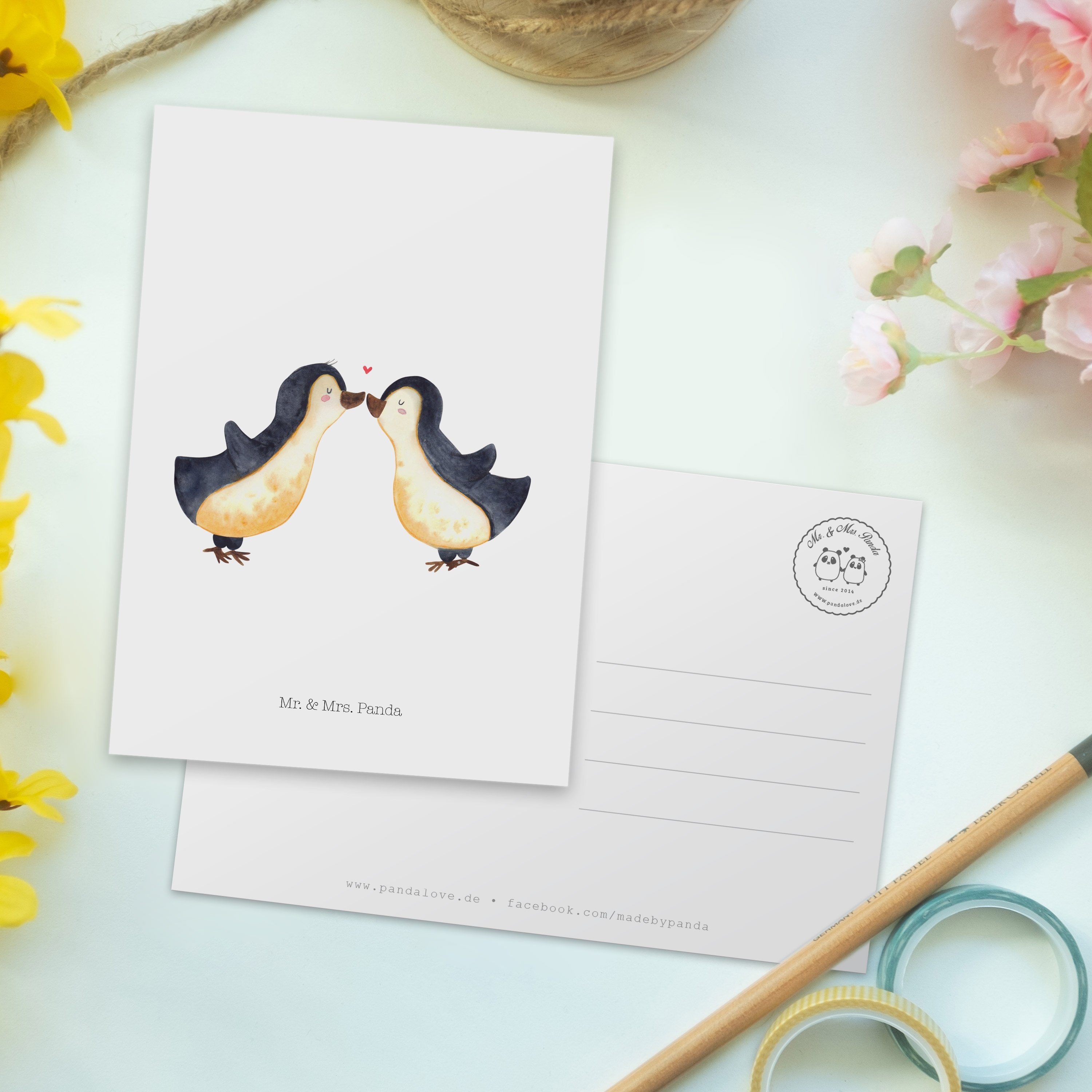 - & Liebe Panda Mr. Geschenk, große Postkarte Pinguin Liebesspruch, Einladungskarte, - Weiß Mrs.