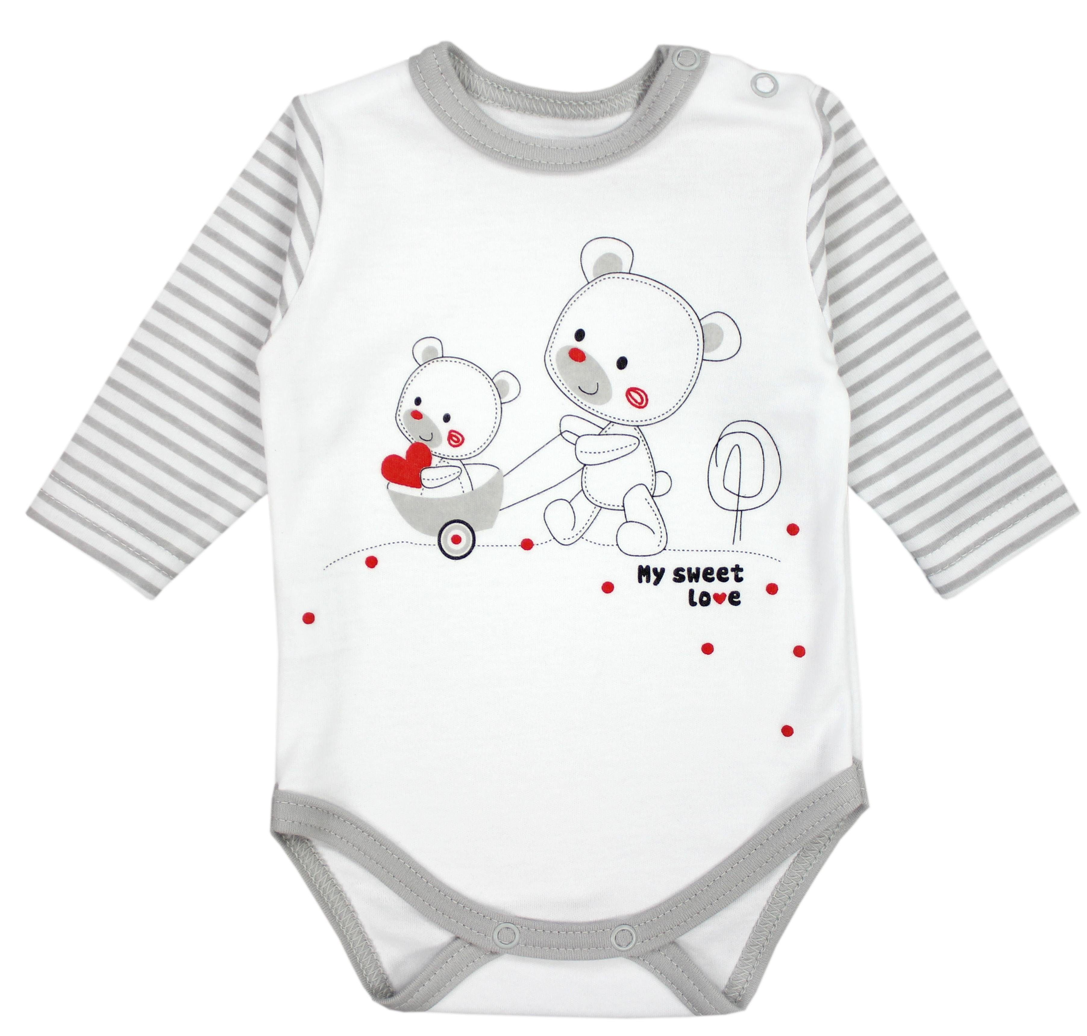 TupTam Erstausstattungspaket Langarmbody Hose Herz Mütze Grau Bärchen Mädchen Baby mit Jungen Spruch Bekleidungsset Streifenmuster 