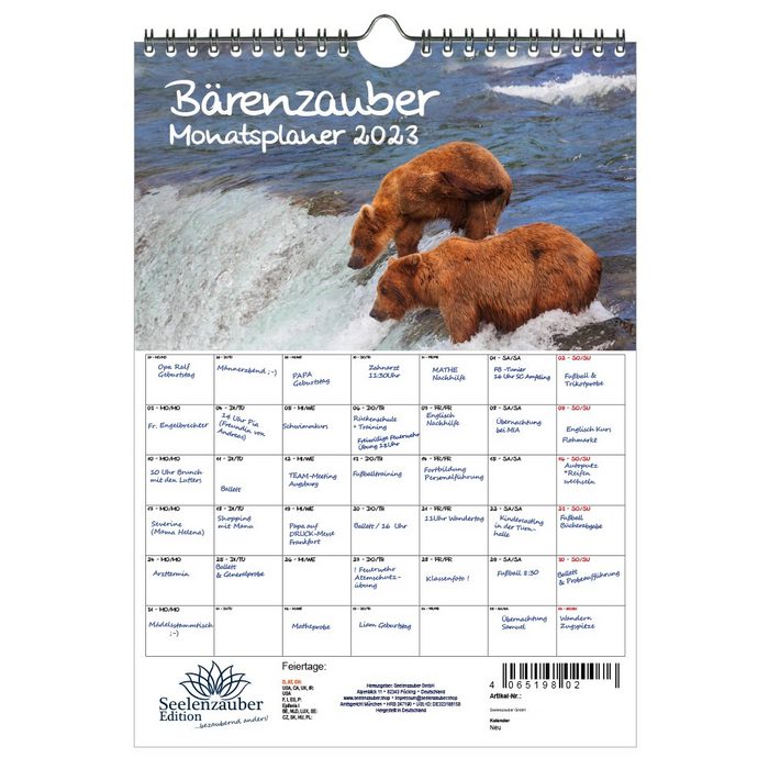 Seelenzauber Wandkalender Bärenzauber Planer DIN A4 - Kalender für 2023 Bären - Seelenzauber
