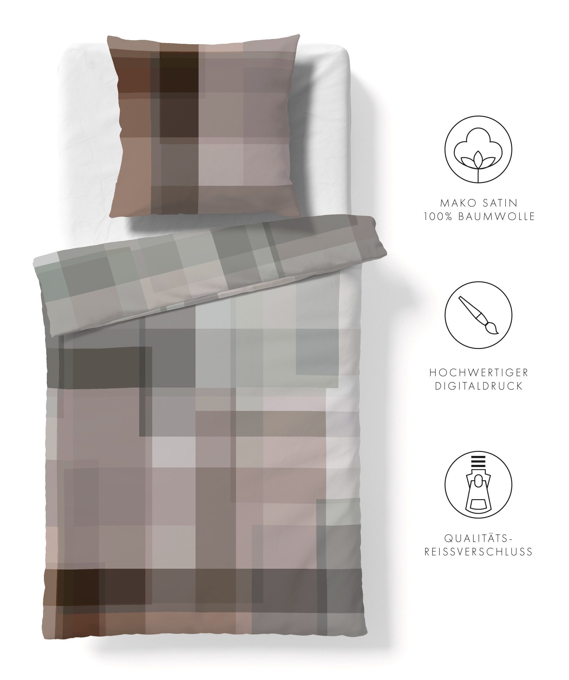 fleuresse Bettwäsche Fleuresse Mako-Satin Bettwäsche 135x200 Karo grau braun beige 114569-0, Mako-Satin, 2 teilig, für Sommer und Winter