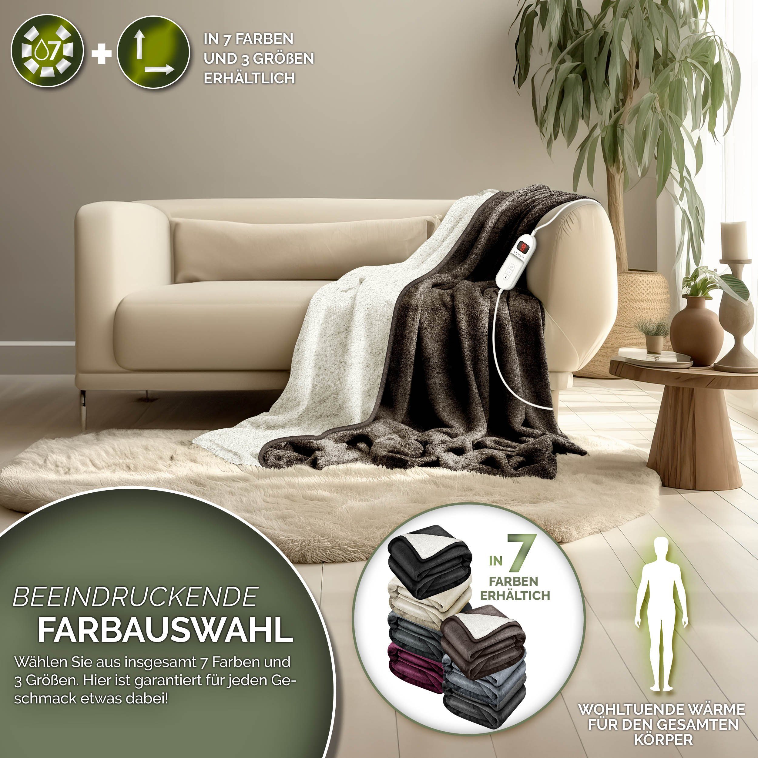 sinnlein Heizdecke mit Abschaltautomatik Elektrische Wärmedecke, mit 9 Temperaturstufen Kuscheldecke Bett, Sofa, Decke elektrisch mit Timer Digitalanzeige, 9 Temperaturstufen