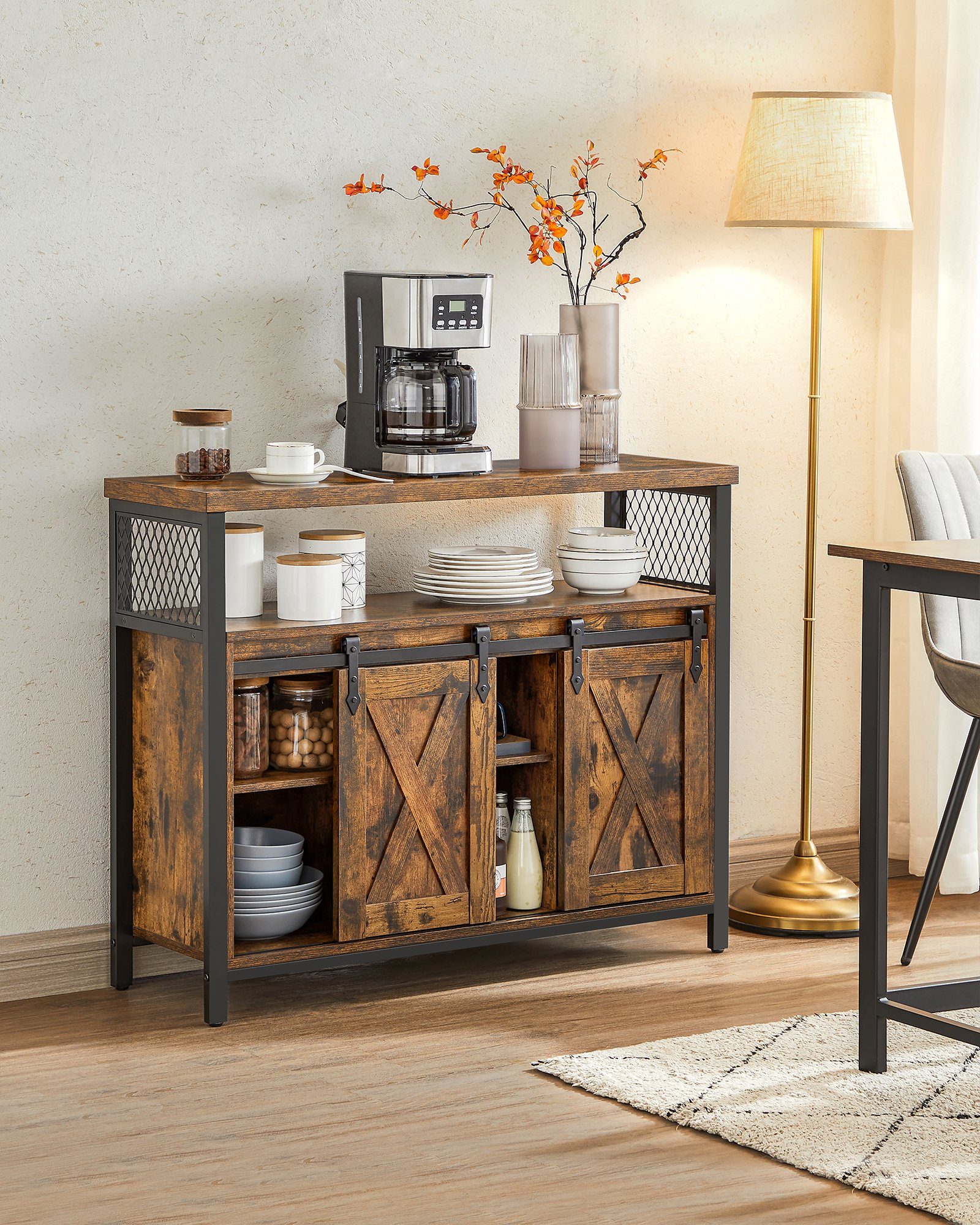 VASAGLE Sideboard Küchenschrank, mit Ablagen Vintagebraun-Schwarz Schiebetüren, 2 verstellbare