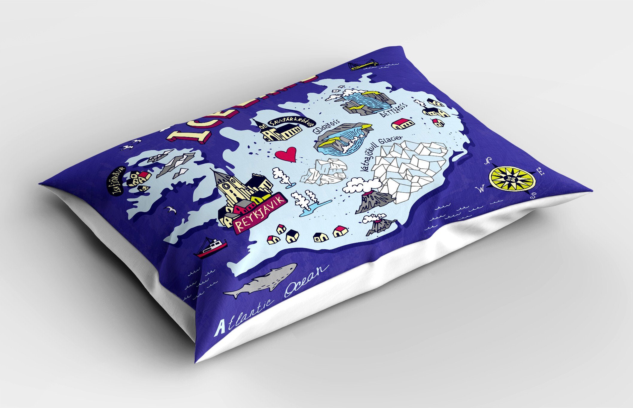 (1 Stück), Isländische Karte Gedruckter Dekorativer Abakuhaus Island Doodle Size Kissenbezüge Queen Kopfkissenbezug,