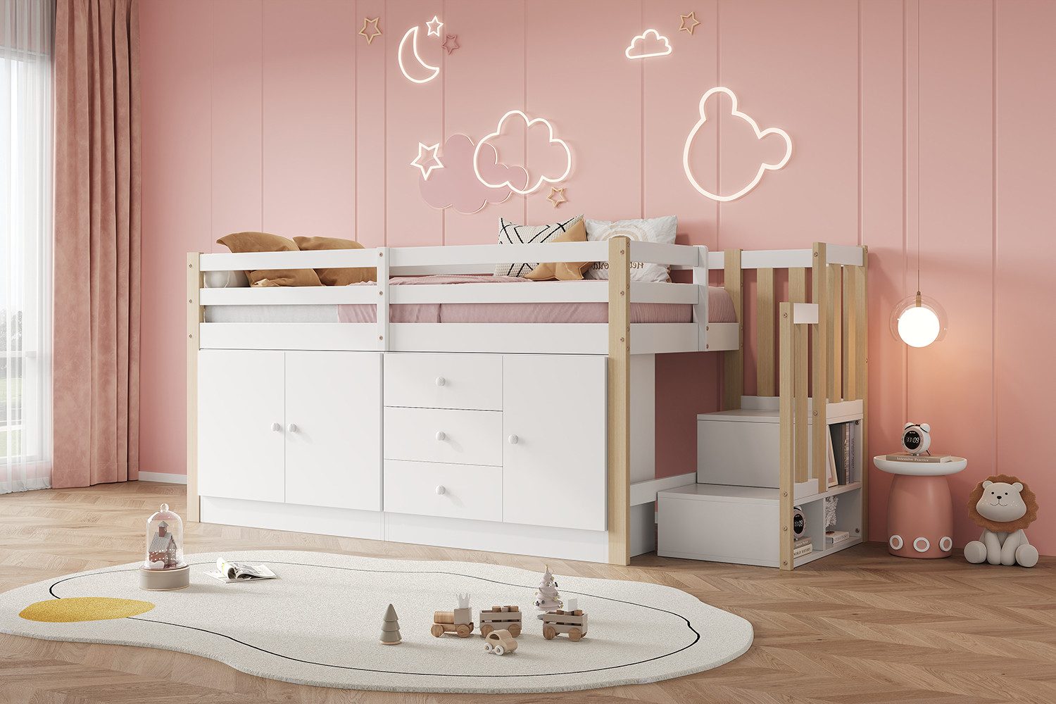 HAUSS SPOLE Kinderbett 90x200 mit Treppe, Schubladen, 2 Stauschränken und Wäschestange, weiß (Etagenbett, Einzelbett, 1-tlg., ohne Matratze, 90*200 cm), mit Treppe, Schubladen, 2 Stauschränken und Wäschestange