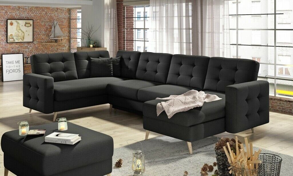 JVmoebel Ecksofa, U-Form Couch Stoff Design textil Ecksofa Wohnlandschaft Schwarz Sofa Modern