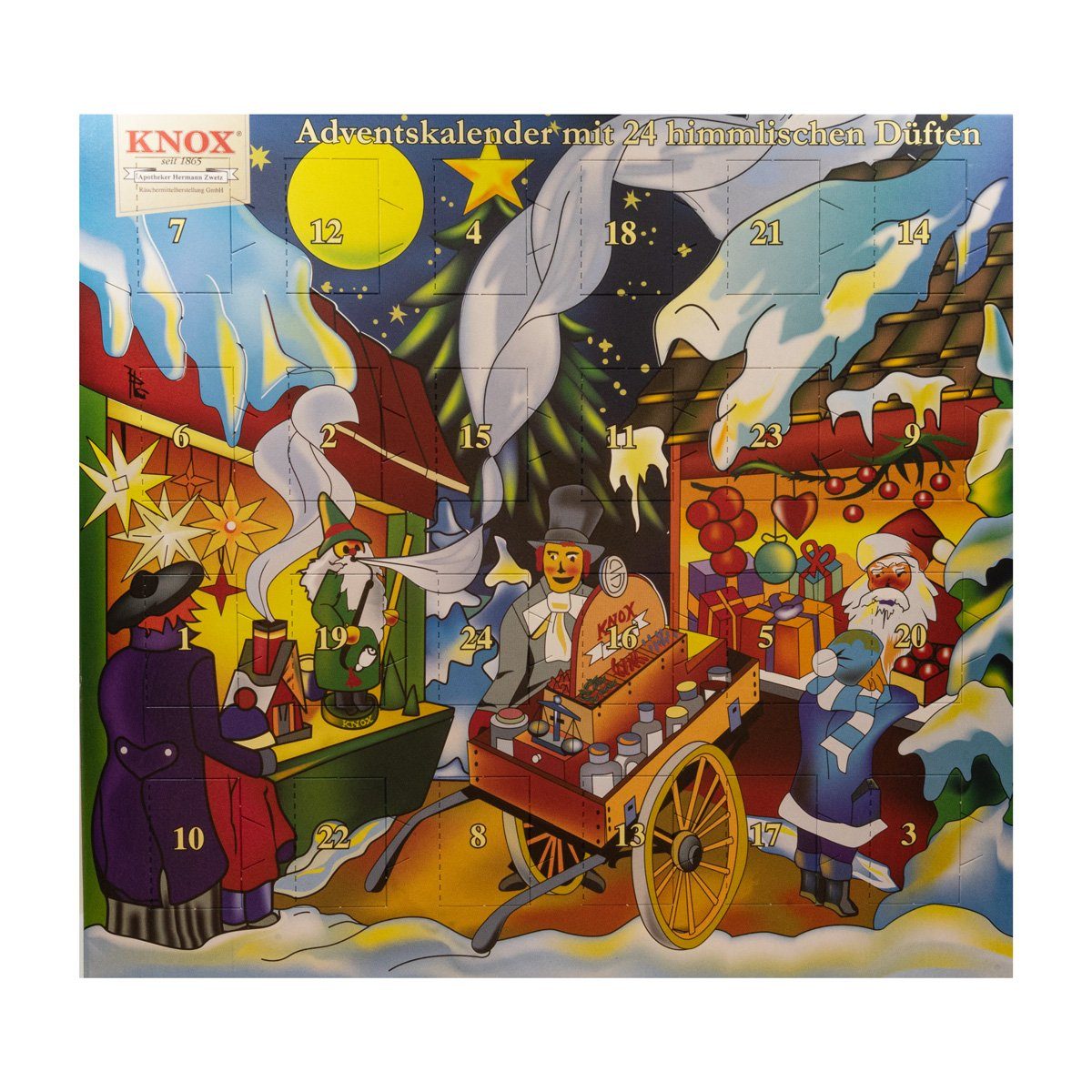 KNOX Duftkerze 090000 21 W, Adventskalender "Weihnachtsmarkt", 24 verschiedene Räucherkerzen, Made in Germany