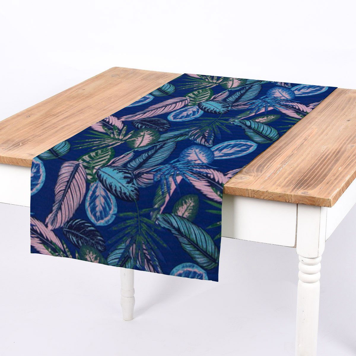 SCHÖNER LEBEN. Tischläufer SCHÖNER LEBEN. Tischläufer Dschungelpflanzen blau grün rosa 40x160cm, handmade