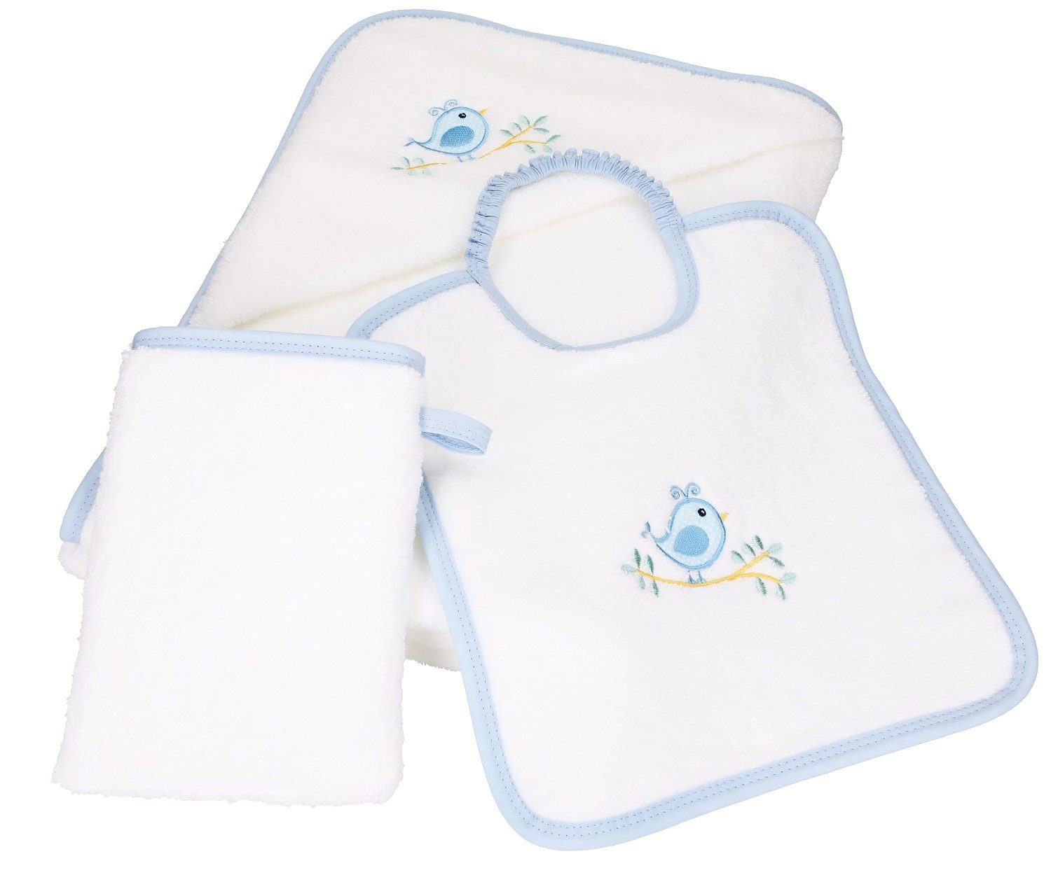 3tlg Baumwolle Waschhandschuh, Lätzchen Betz 100% Babyset Kapuzenhandtuch VÖGELCHEN Kinderbadetuch weiß-blau 1 1 1