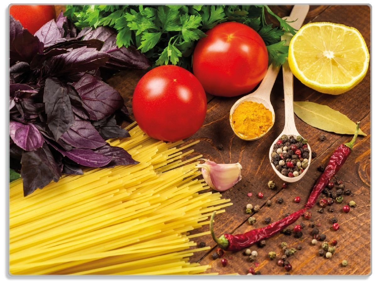 Wallario Schneidebrett Italienisches Menü mit Spaghetti, Tomaten, Basilikum und Gewürzen, ESG-Sicherheitsglas, (inkl. rutschfester Gummifüße 4mm, 1-St), 30x40cm