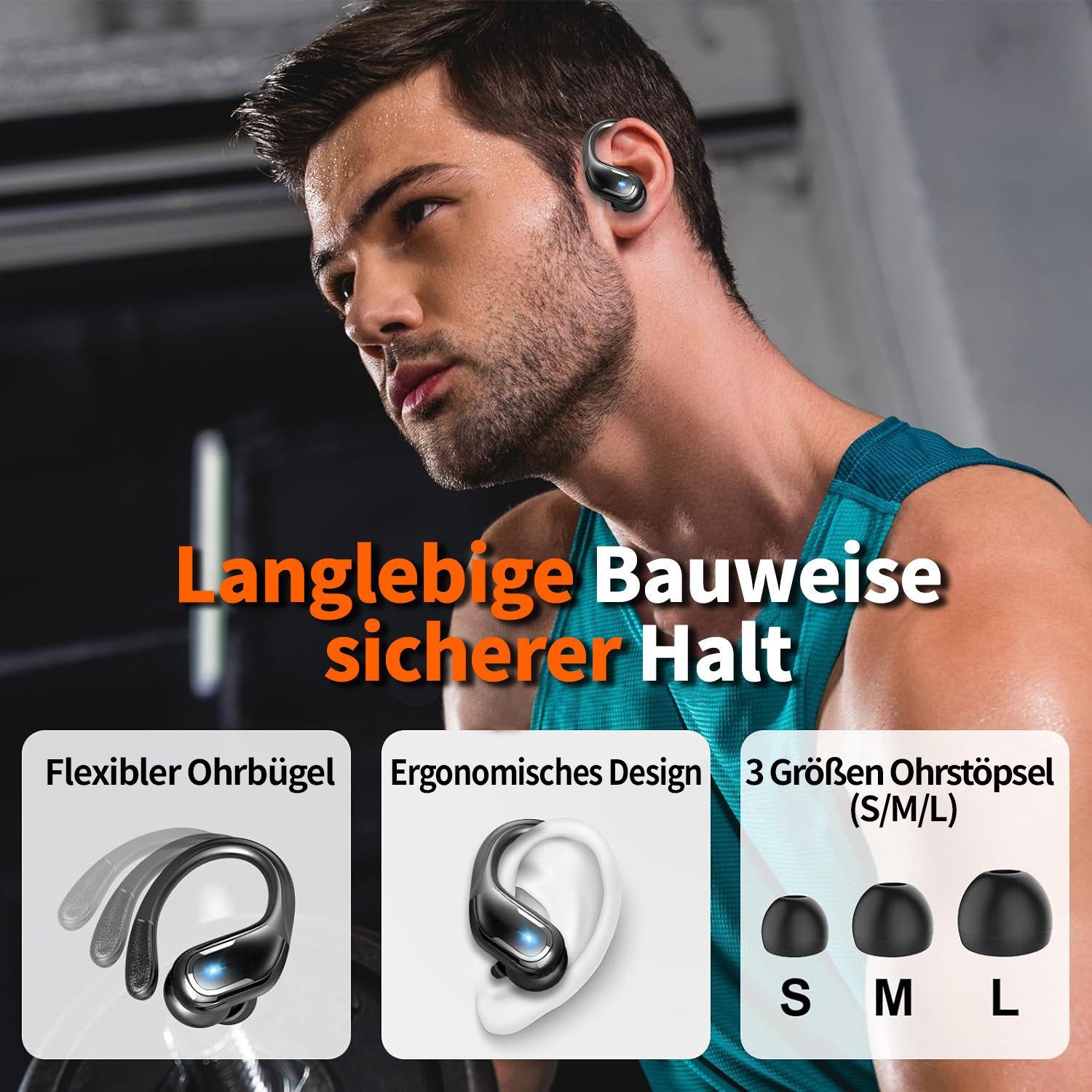 Futicare Bluetooth 5.4 Sportkopfhörer mit Ohrbügel, 75 Std. Akku & ENC, In-Ear-Kopfhörer (kabellose Bluetooth Kopfhörer mit 14,2-mm-Treiber, IPX7, LED-Anzeige,  – Bild 4 von 5