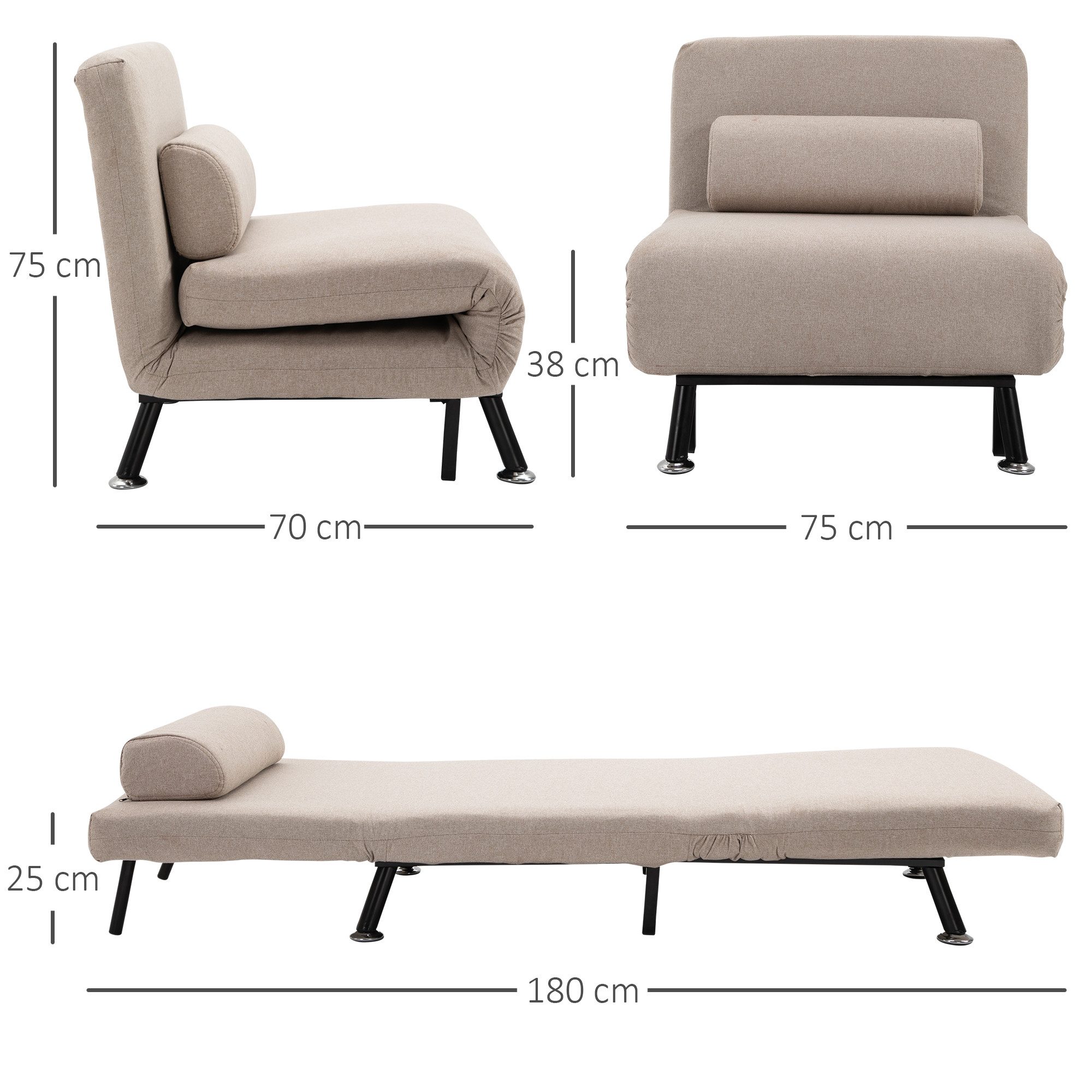 HOMCOM Sessel Schlafsofa mit Bettfunktion Verstellbarer Rückenlehne Kissen (Klappbett mit Bettfunktion, 1-St., Schlafsessel), für Schlafzimmer, Beige, 75cm x 70cm x 75cm