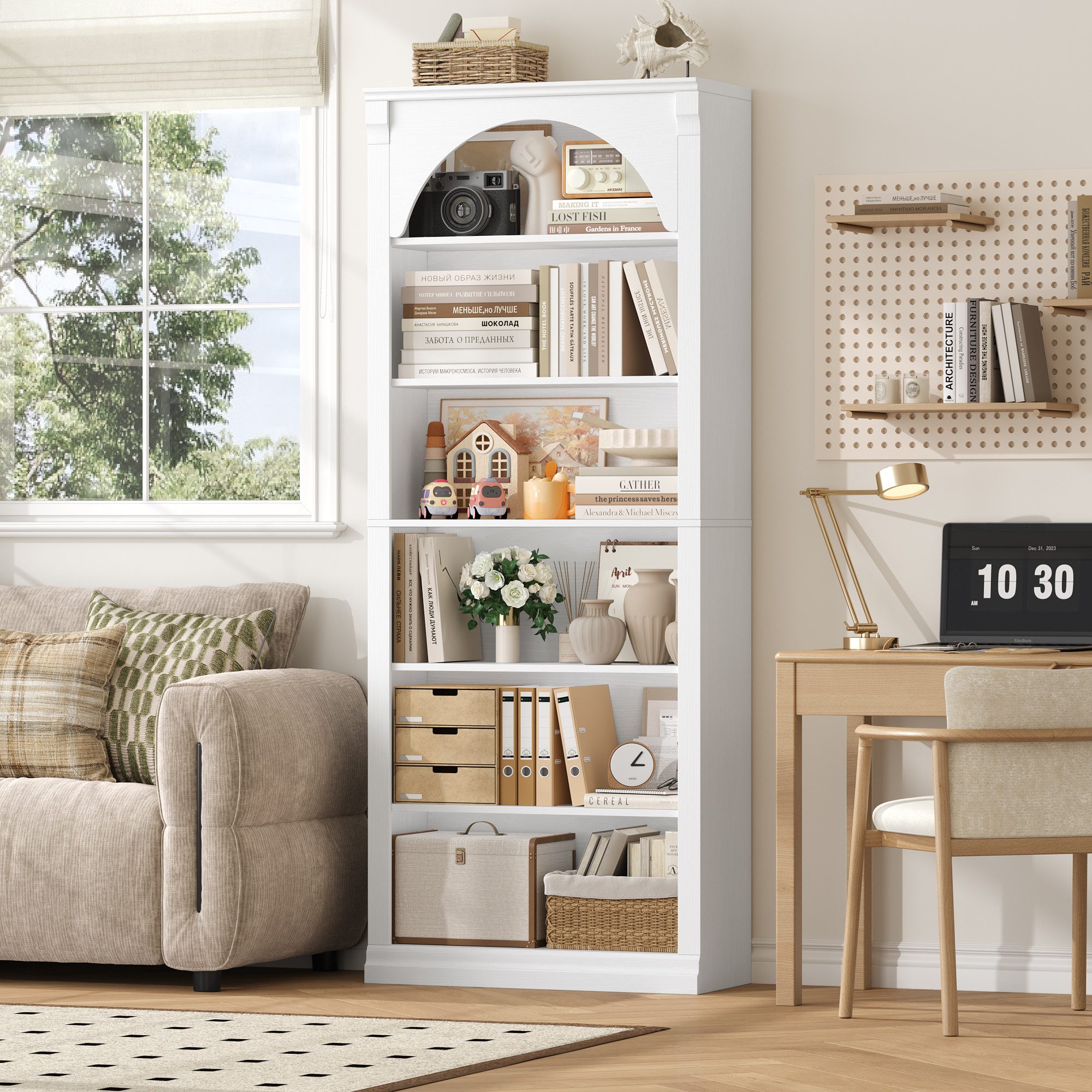 Homfa Bücherregal gewölbtes Bücherschrank, Standregal mit 6 Fächern 75x28x186cm Weiß – Bild 5 von 5