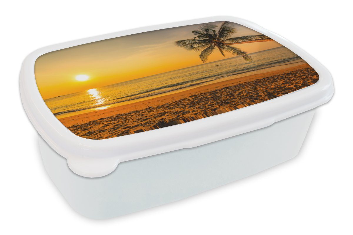 MuchoWow Lunchbox Palme - Strand - Sonnenuntergang - Meer, Kunststoff, (2-tlg), Brotbox für Kinder und Erwachsene, Brotdose, für Jungs und Mädchen weiß